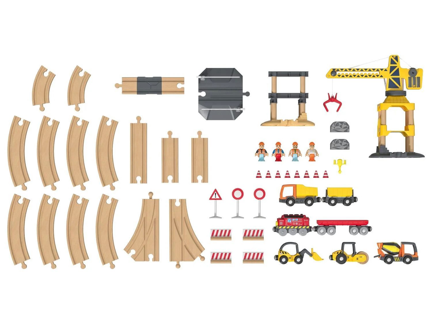 lupilu Spielzeug-Eisenbahn Eisenbahn Holz Spielzeug Licht- & Soundeffekt Baustelle, (Spielset, 59-tlg., 59-teiliges Baustellen-Spielset), Motorzug – Baustellen-Abenteuer
