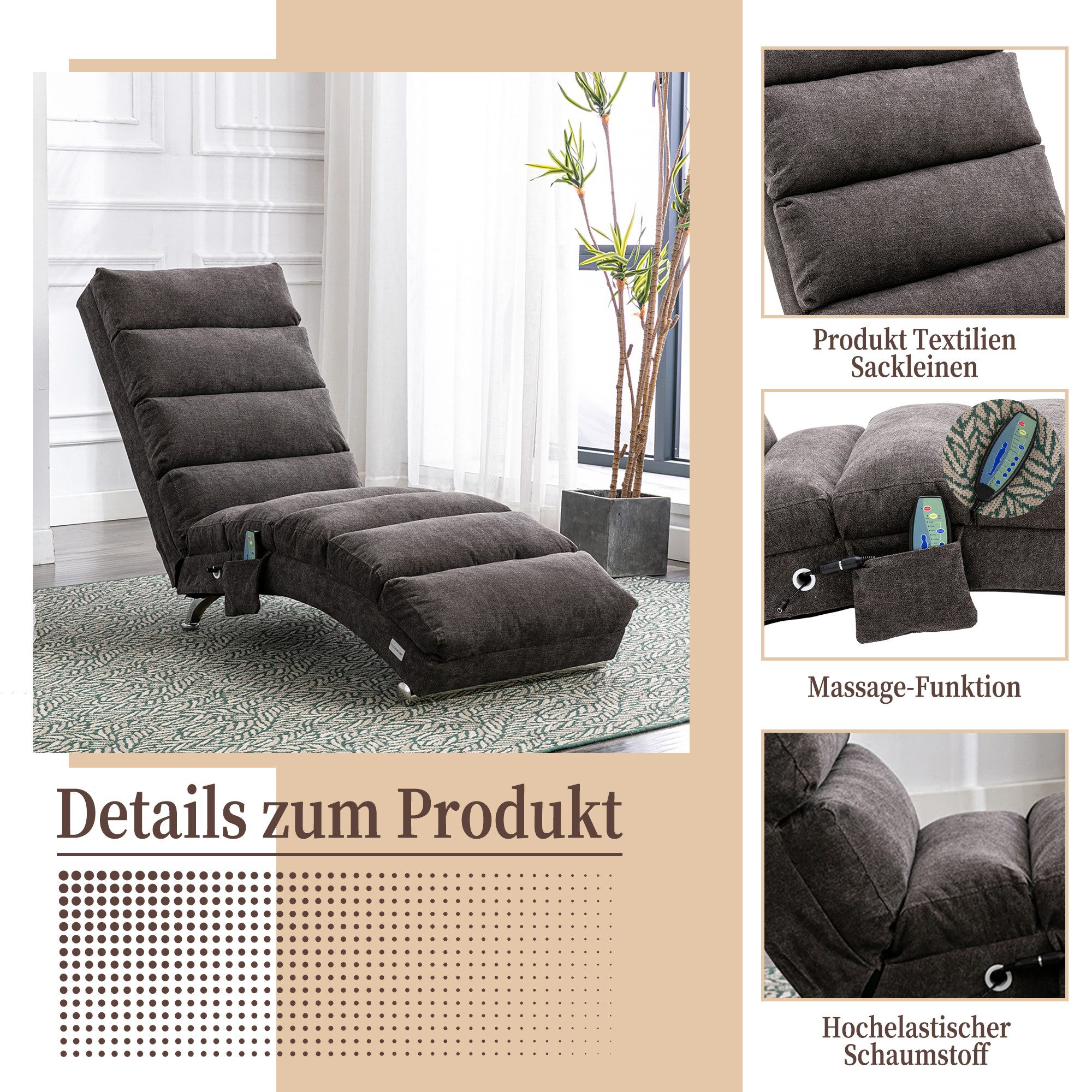 Totnz Relaxliege mit Massagefunktion, Leinenbezug, ergonomische Rückenlehne 140°, gepolstert mit Knopfheftung, Seitentasche, stabiler Holzrahmen & Stahlbeine