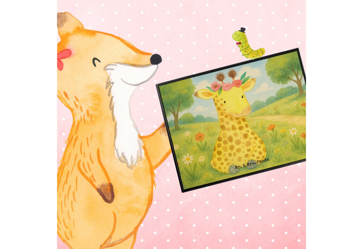 Thumbnail - Mr. & Mrs. Panda Schreibtischunterlage Giraffe Blumenkranz Design - Weiß - Geschenk, Selbstliebe, Schreibunt, (Packung, ...