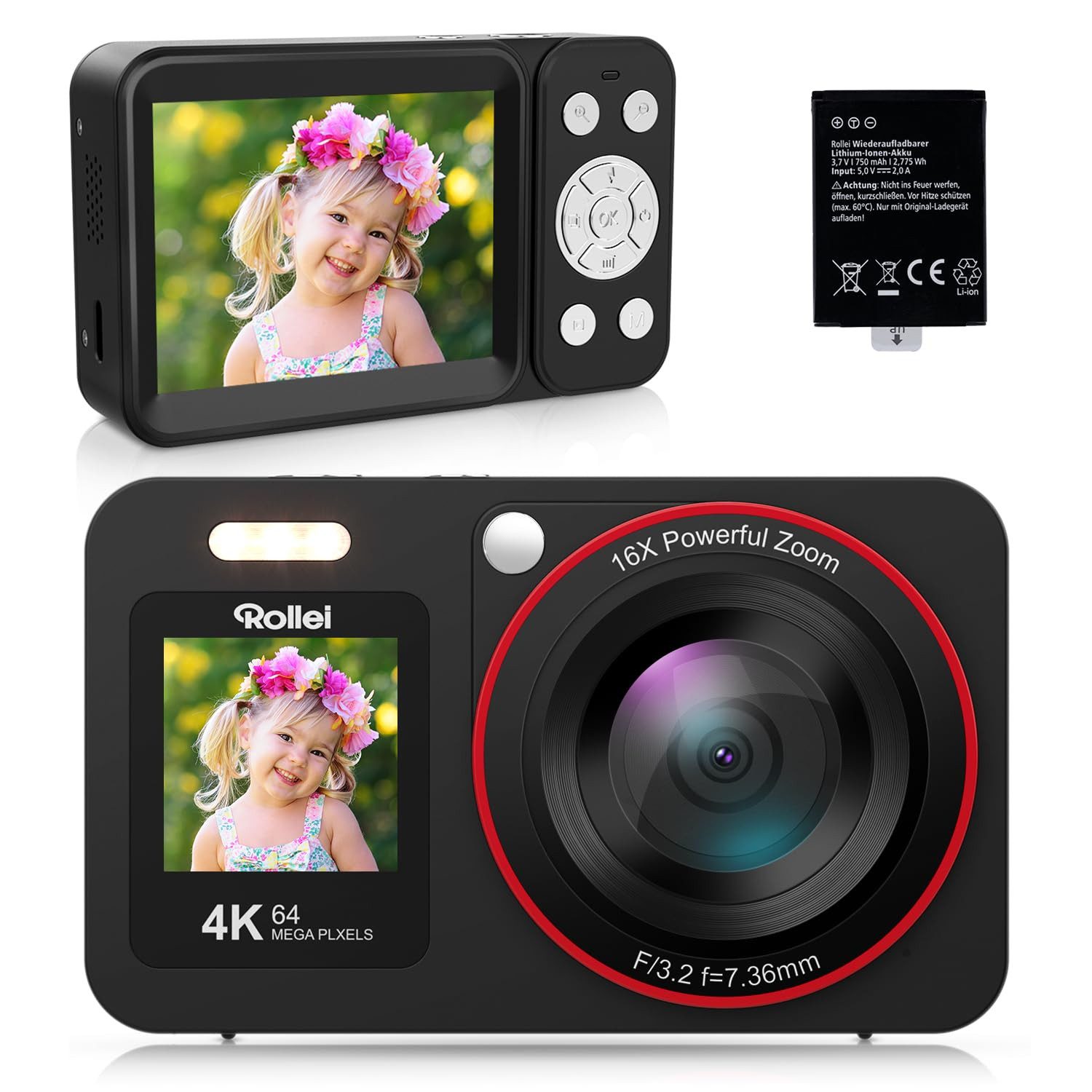 Rollei Minibackofen Compactline 64 Dual Screen, 4K Video, 64 MP Kamera, Dual Screen, Micro-SD-Slot