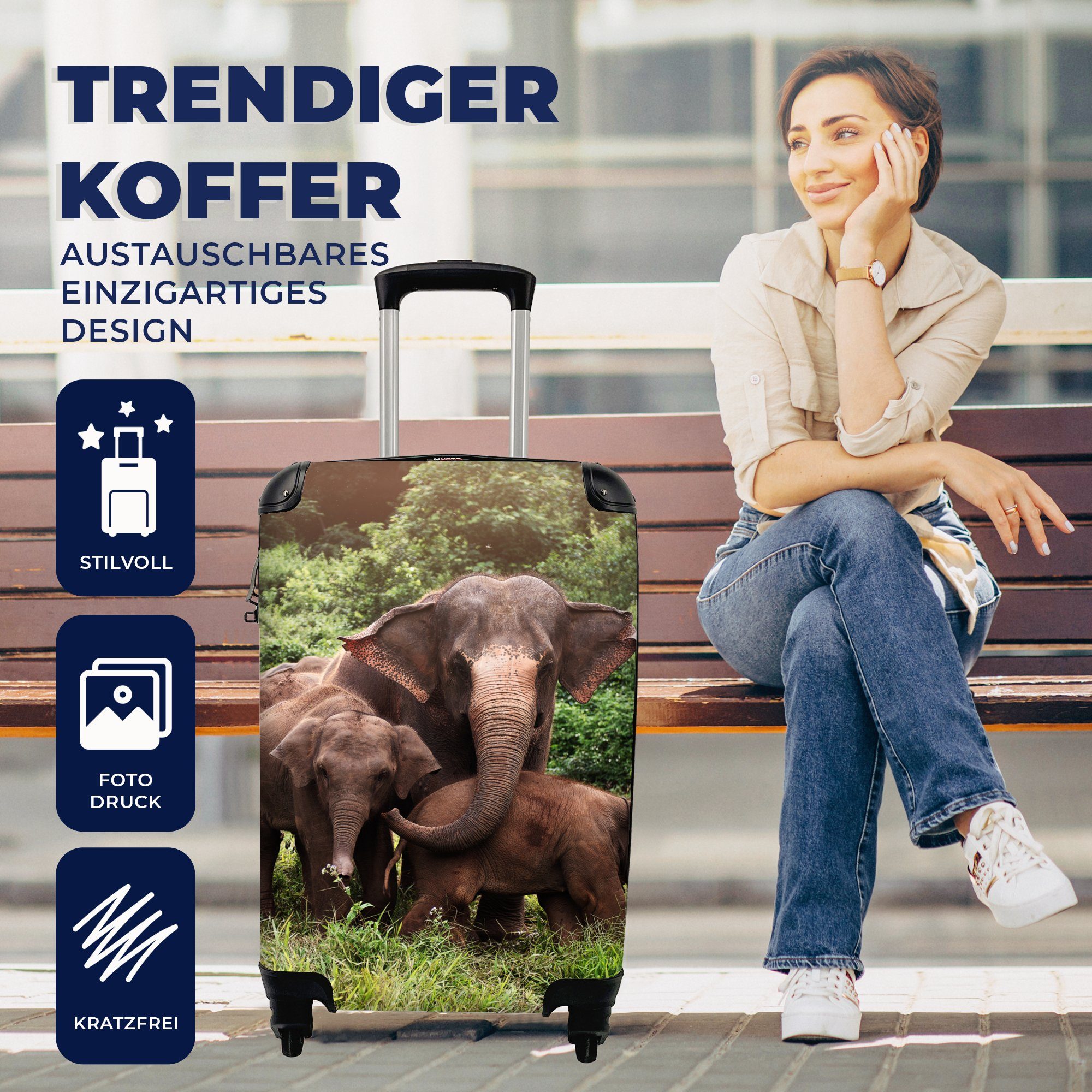 Reisekoffer - Gras 4 - rollen, Reisetasche MuchoWow - mit Handgepäckkoffer Ferien, Trolley, Grün, Elefant Wald Rollen, für Tiere - Handgepäck