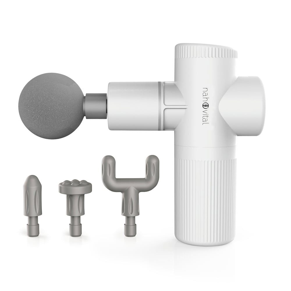 nah-vital Massagepistole Massagepistole Massagegun 4 Aufsätze weiß, mit Drucksensor 6 Stufen Muskelstimulation Entspannung kompakt