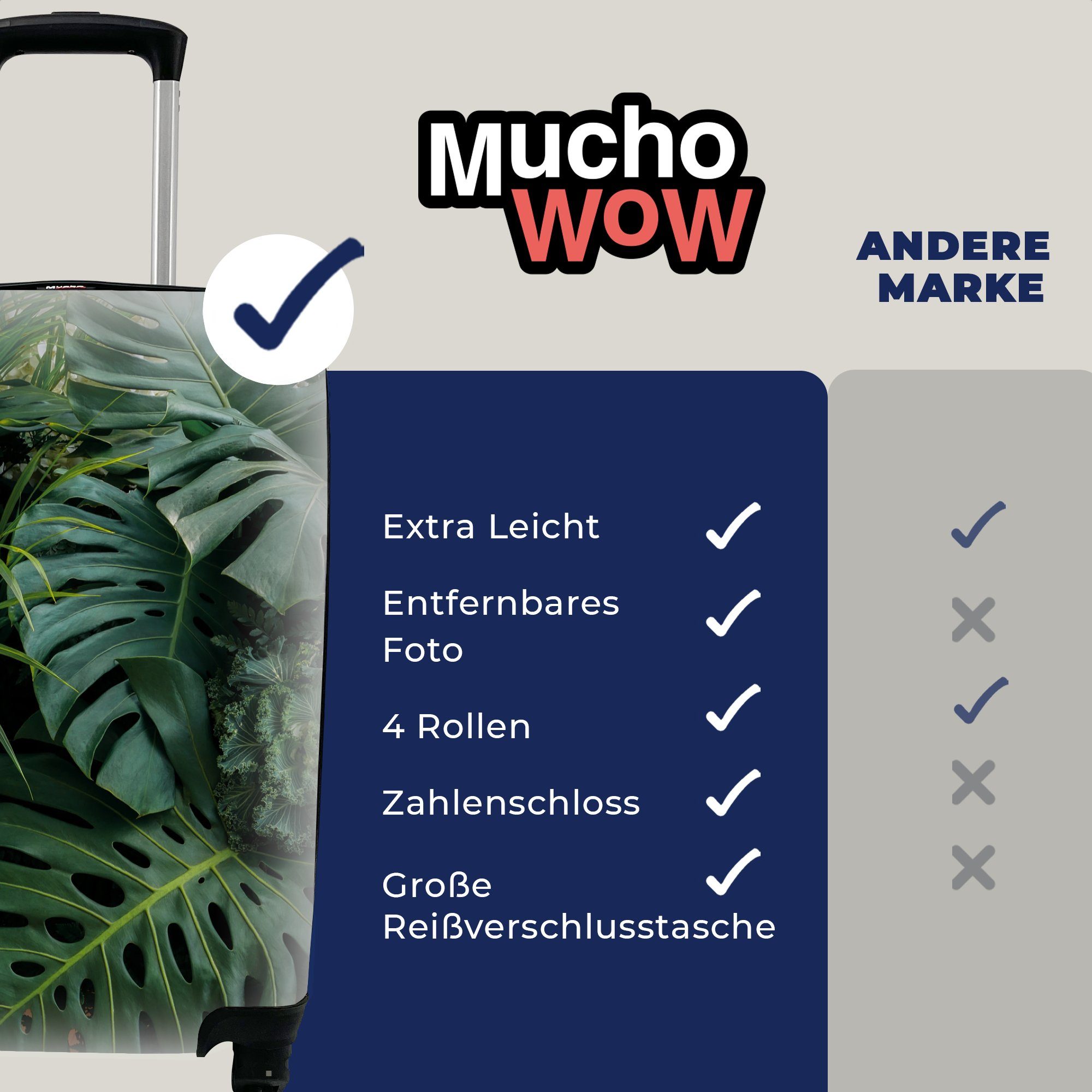 MuchoWow Handgepäckkoffer Pflanzen - 4 Dschungel - mit Ferien, Tropisch, rollen, Reisekoffer für - Blätter Rollen, Reisetasche Trolley, Handgepäck