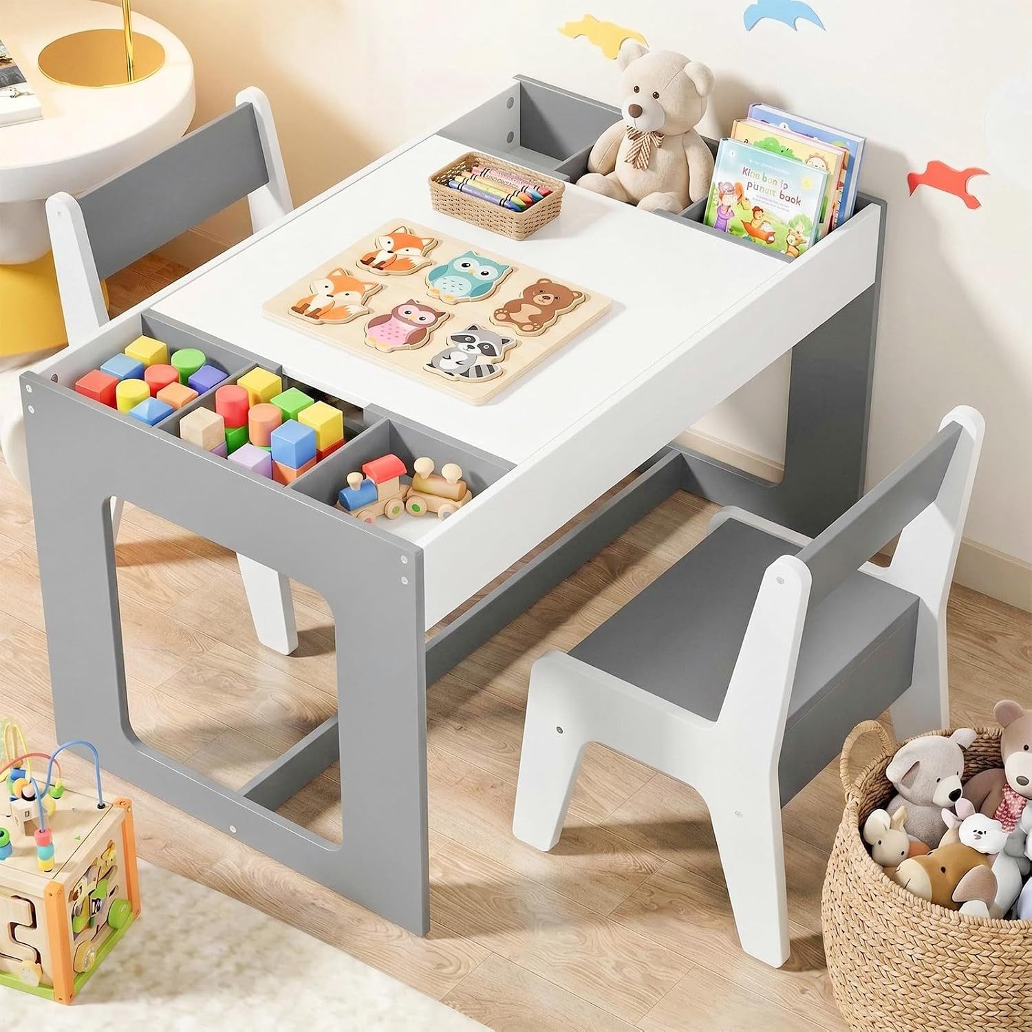 TLGREEN Kindertisch mit 2 Stühlen, Kindersitzgruppe (Kinder Tisch Stuhl Set mit wendbarer Tischplatte, 80 x 48 x 48 cm), Kinderschreibtisch für Schule, Kindertagesstätte, Kinderzimmer