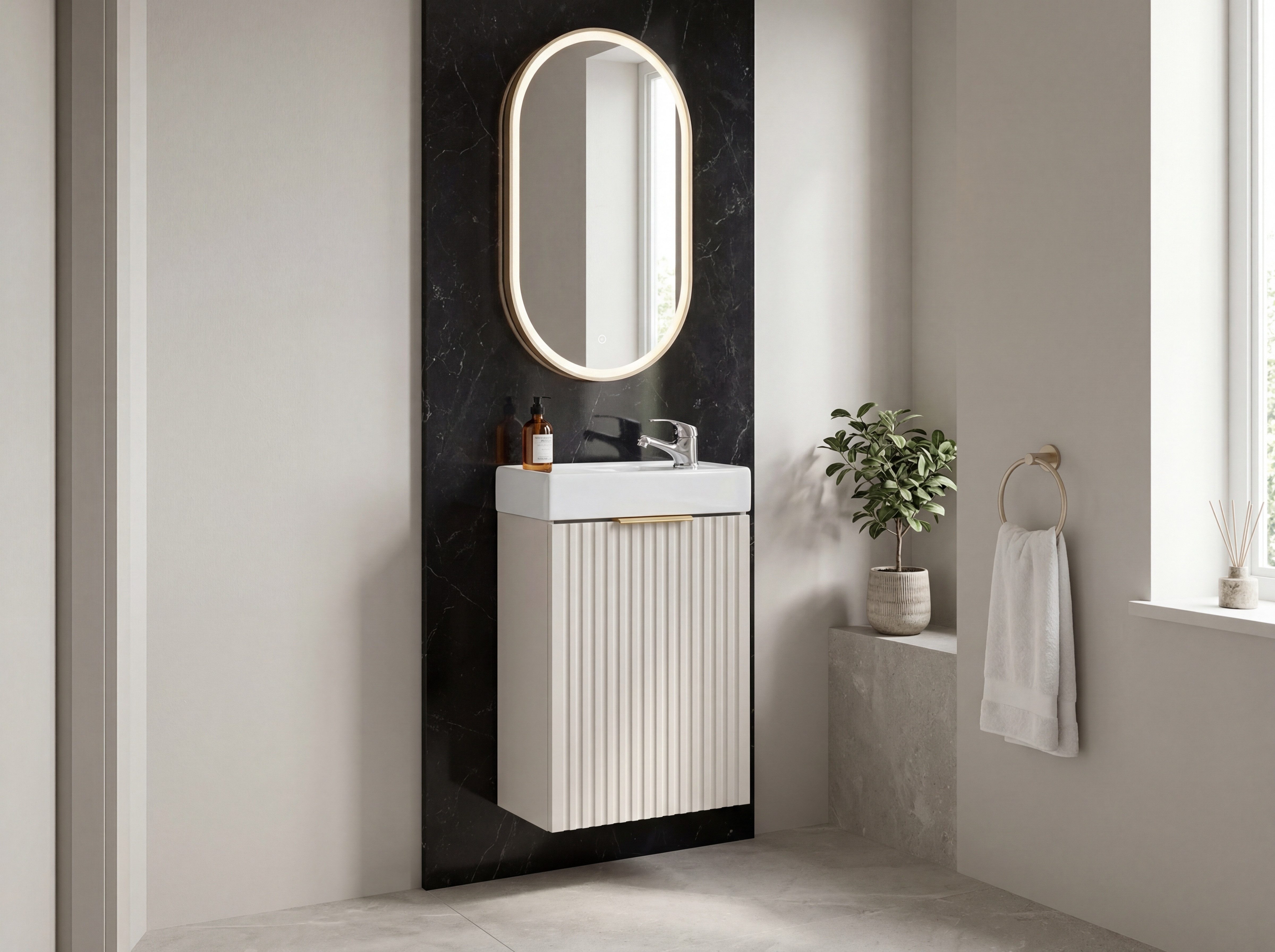 WFL GROUP Waschtisch Niva mit Keramik Einbauwaschbecken, wandhängend mit Rillenfronten (MADE IN EU, 2-St., erhältlich in 3 Größen 40, 60, 80 und 120 cm Breit), Waschtischunterschrank mit 3 Griffvarianten inklusive