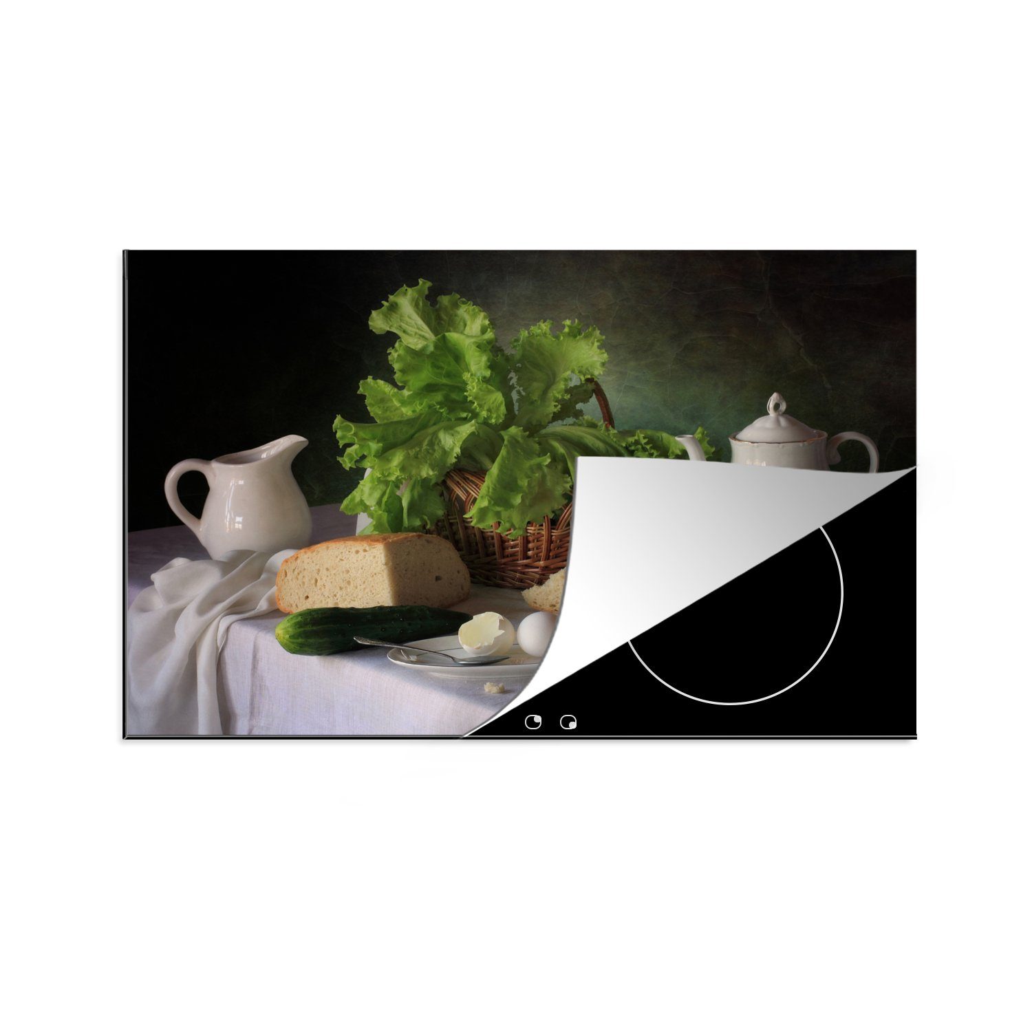 MuchoWow Herdblende-/Abdeckplatte 76x51.5 cm -, Vinyl, Arbeitsfläche vergrößert Dekoration die - (1 das Stilleben von rollbare Kochfeld Induktionsherd für - Vinyl, perfekte, Salat Krug Abdeckung - Induktionskochfeld Matte Herdabdeckung - - tlg), Käse Material Küchen - Lebensmittel jedes - - Teekanne - Induktionsschutz