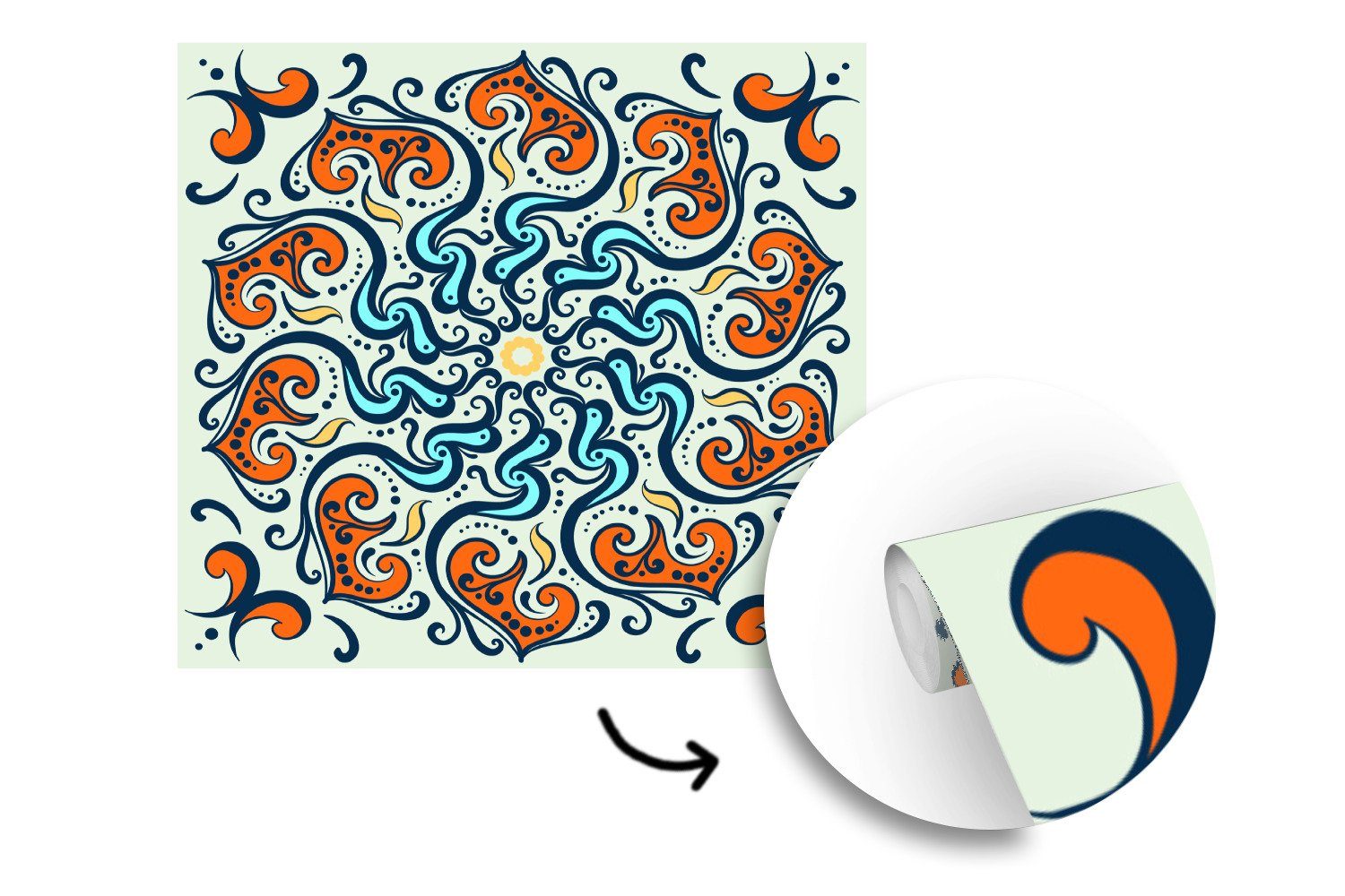 MuchoWow - Matt, Vinyl Tapete bedruckt, St), oder Mandala Wandtapete Muster, Blau (5 Schlafzimmer, Orange - - Wohnzimmer Fototapete für