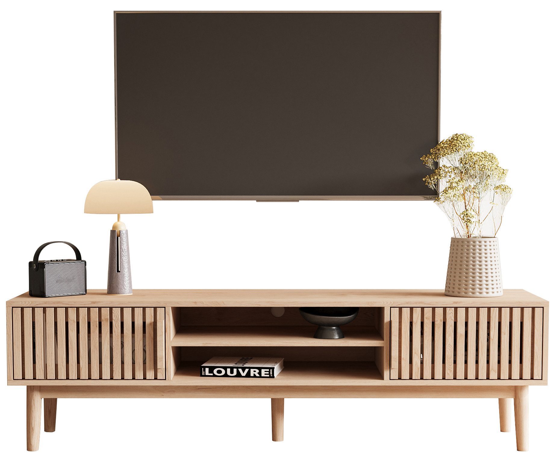 FUROKOY TV-Schrank Lowboard im wohnzimmer Fernsehschrank mit 2 Türen und 2 Ablagefächer 150x40x48 cm,Großes Kabelmanagementloch,Mit rutschfesten Tischbeinen