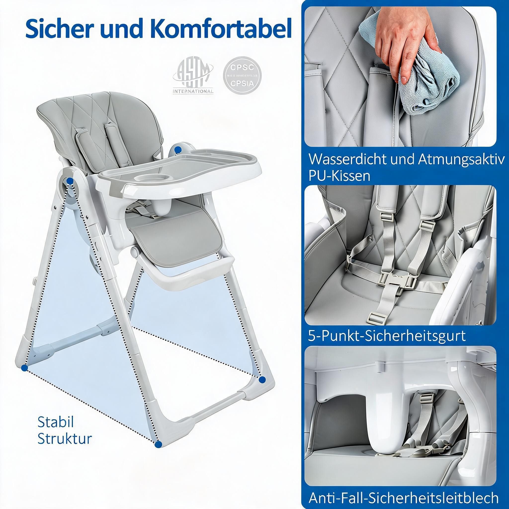 GarveeMore Kinderstuhl Hellgrau Faltbar Essstuhl Kleinkind, 65x51x23 cm