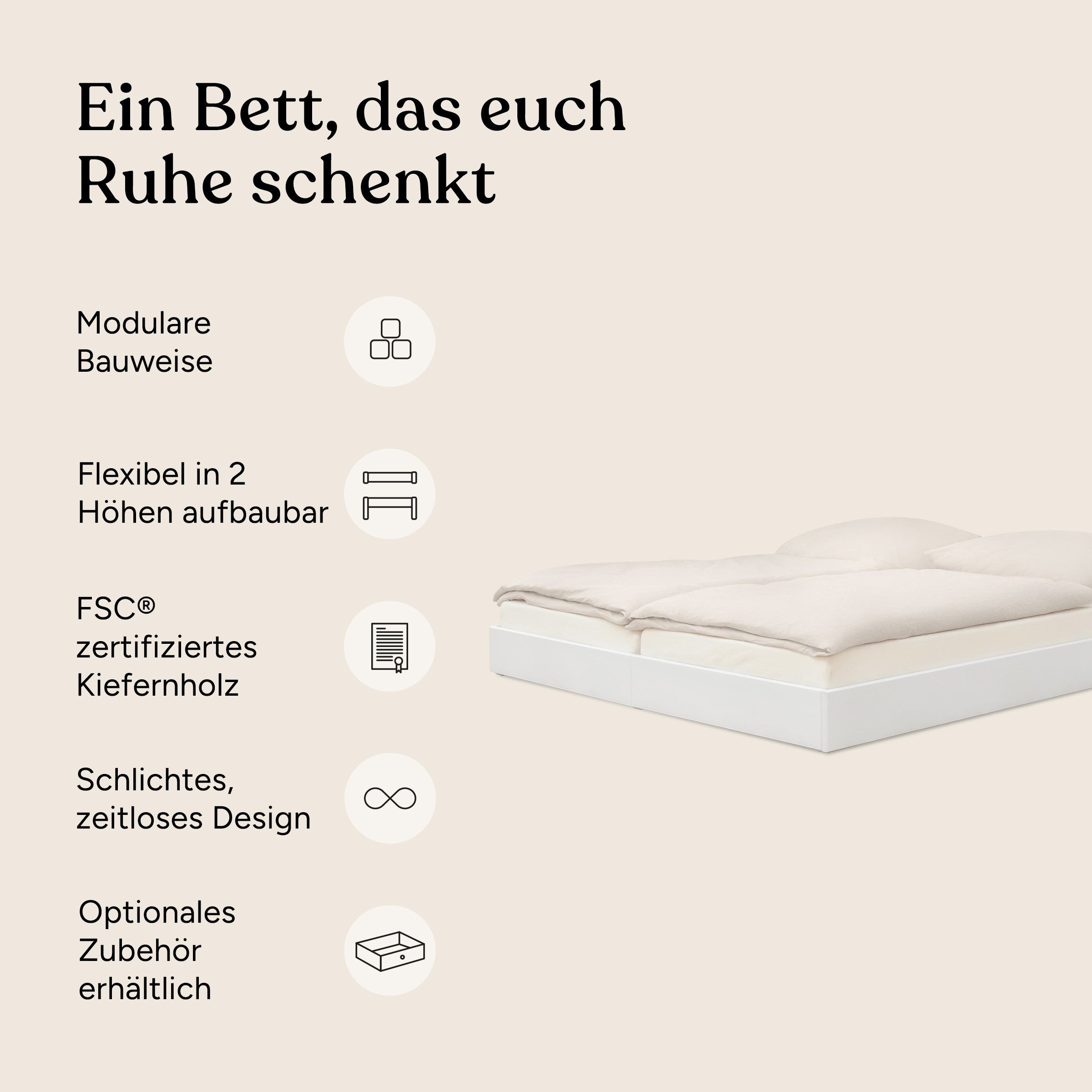 Ehrenkind Holzbett Plano, Modulares Familienbett, FSC® Zertifiziert (Doppelbett, 180×200 cm, aus massivem Kiefernholz, weiß lackiert, modular erweiterbar mit Zubehör und weiteren Plano Betten), 2‑in‑1 Höhe (Bodenbett oder Standard)