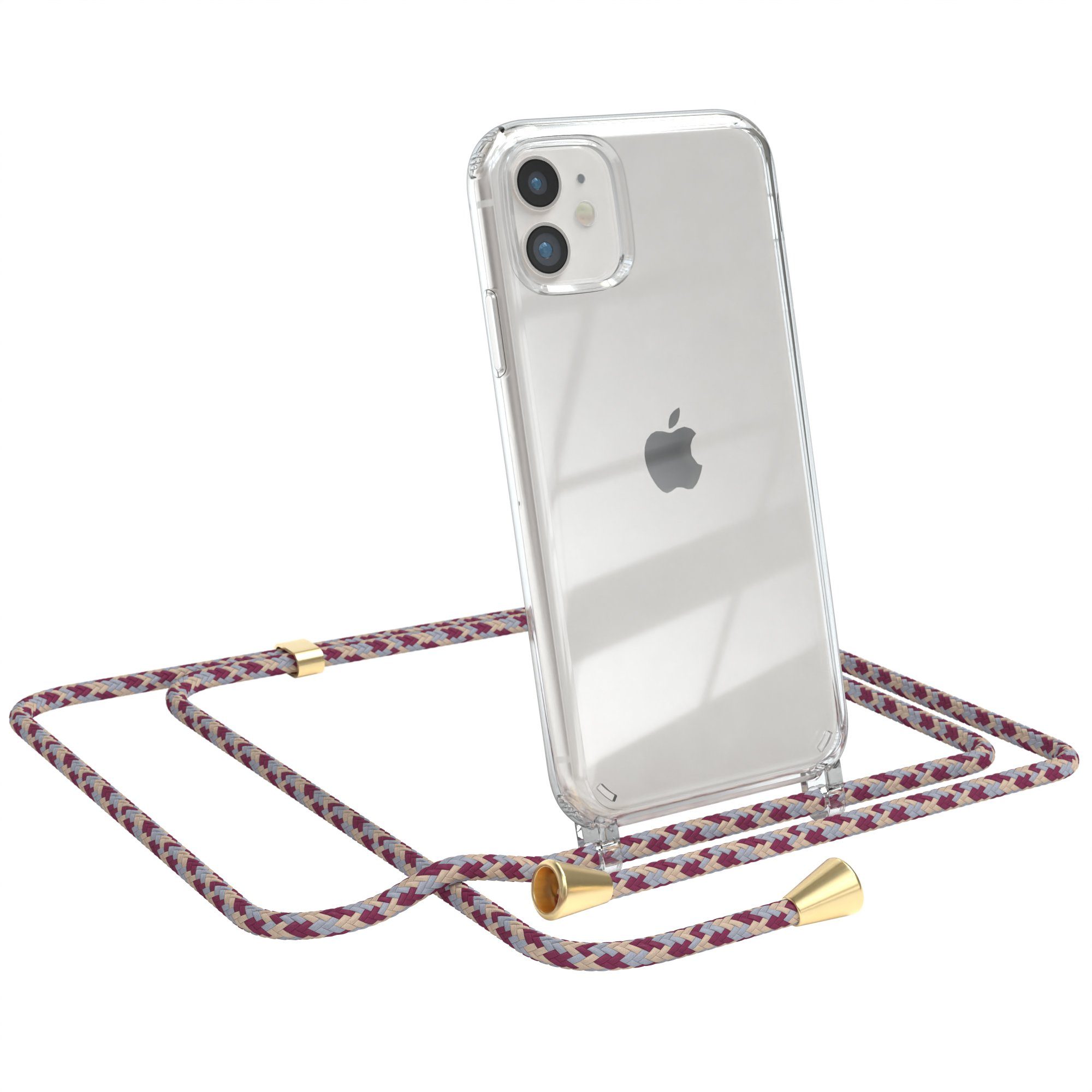 EAZY CASE Handykette Hülle mit Kette für Apple iPhone 11 6,1 Zoll, Hülle mit Umhängeband Bumper Case Hülle mit Band Rot Beige Camouflage