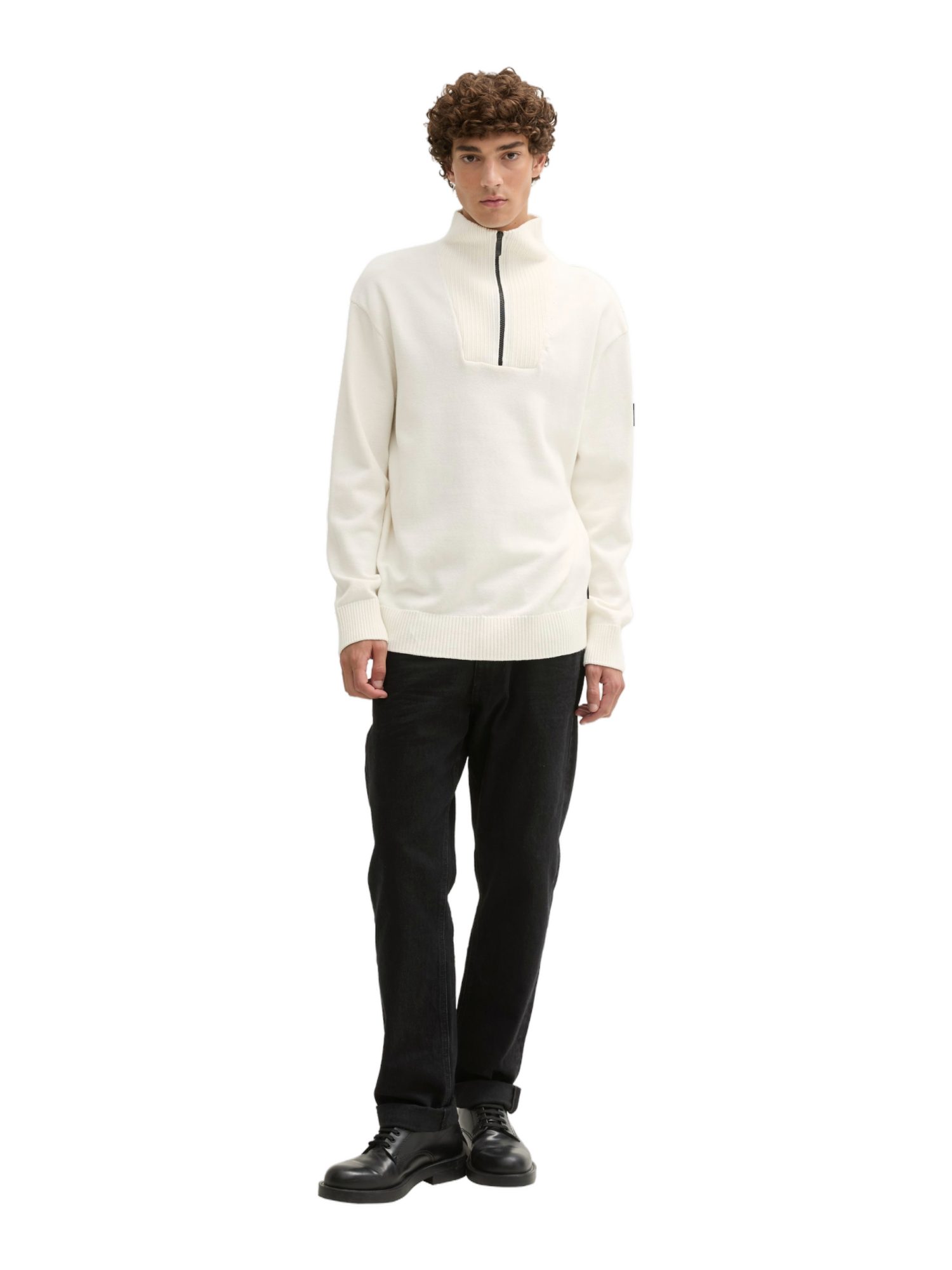 TOM TAILOR Denim Strickpullover weiß,Casual,Baumwolle,Unifarben,Troyer-Kragen,Lang,Relaxed Fit