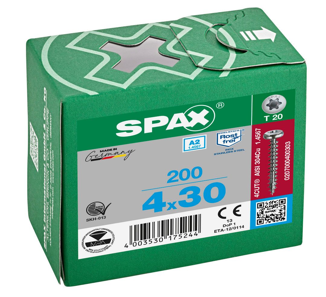 SPAX Schraube Schraube, Halbrundkopf, Edelstahl A2, T-STAR plus TX 20, Vollgewinde, (200 St)