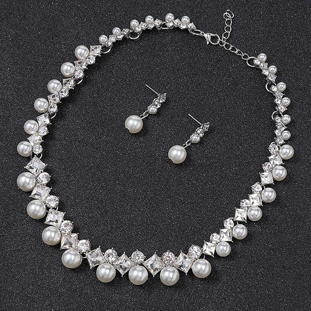 Hochzeitsschmuck Perlenkette Damenschmuck Schmuckset Ohrringe funkelndes set, 2-tlg LAKKEC
