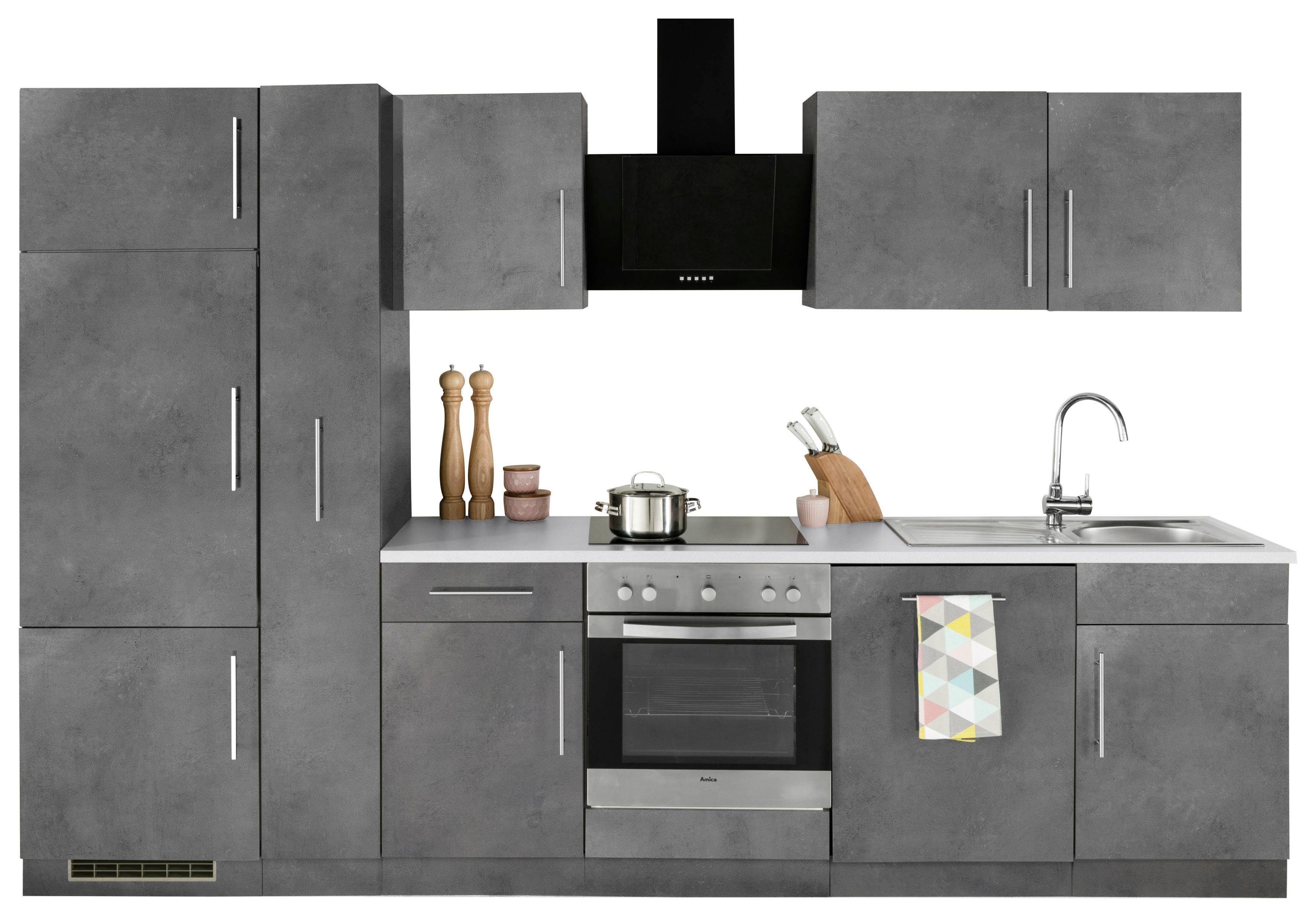 wiho Küchen Küchenzeile Cali, mit E-Geräten, Breite 310 cm Front und Korpus: betonfarben, Arbeitsplatte: Playa Grau | Betonfarben