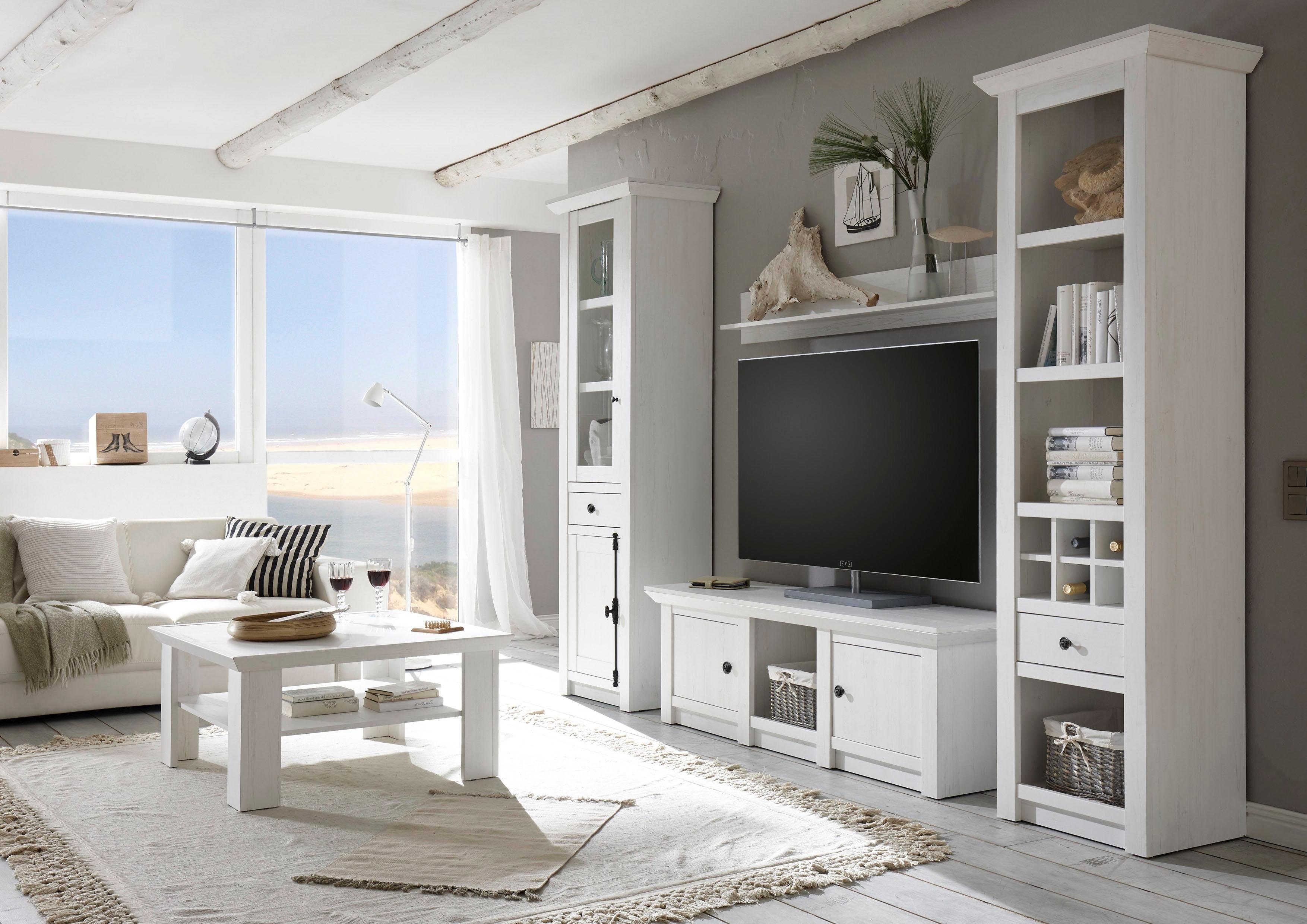 Home affaire Wohnwand California, Anbauwand im Landhausstil, Komplettset mit Metallgriffen, (4-St., Besteht aus 1 Standregal, 1 Vitrine, 1 Lowboard, 1 Wandregal), enthält Standregal, Vitrine, Lowboard und Wandregal, 293 cm breit