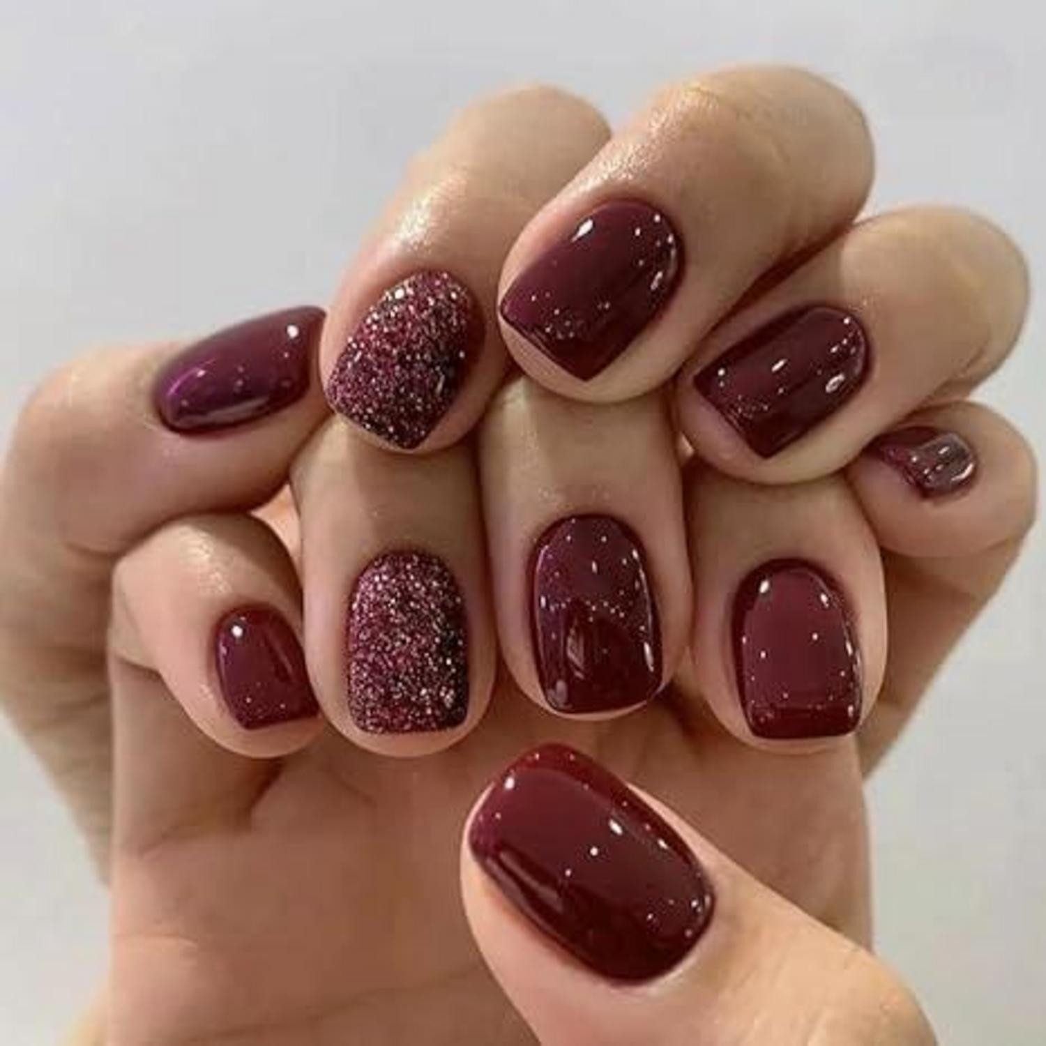 Kunstfingernägel 24er Set Burgundy Glitter Nägel zum Aufkleben kurz - Einfarbig Eckig