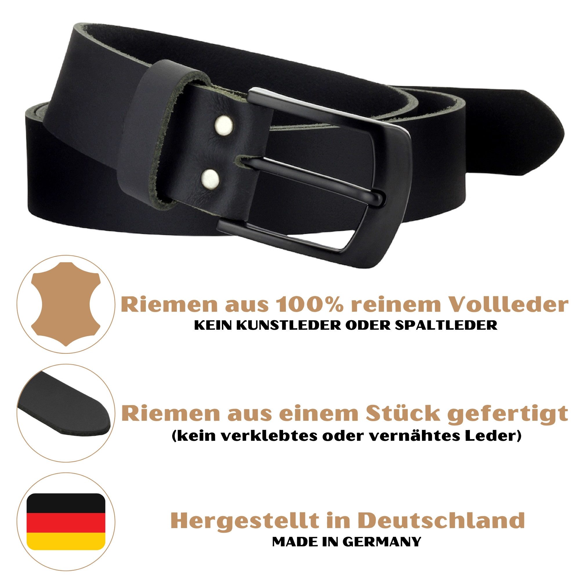Manza Ledergürtel Gürtel Ledergürtel Schwarz 4cm breit Vollleder Jeansgürtel Unisex Kürzbar