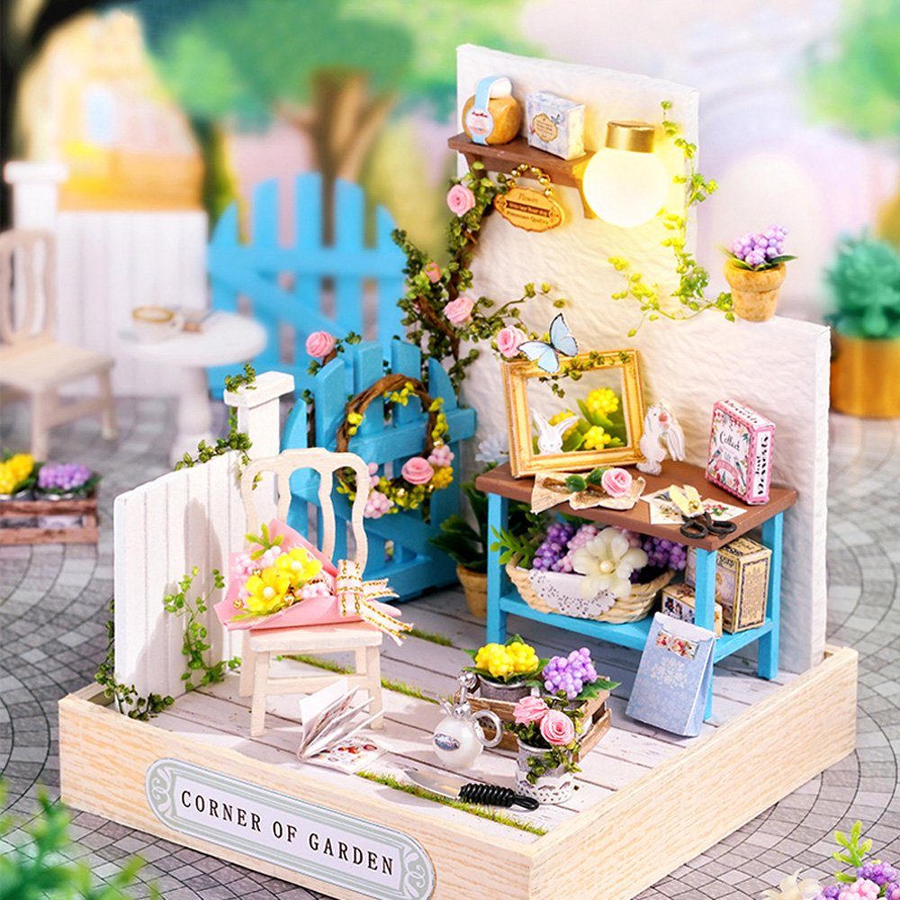 Cute Room Puppenhaus mit Puzzleteile, Möbeln zum 3D-Puzzle Gartenecken, Miniaturhaus basteln-Serie-Mini Modellbausatz hölzernes Miniatur Szenen 1:24, 3D-Puzzle, DIY