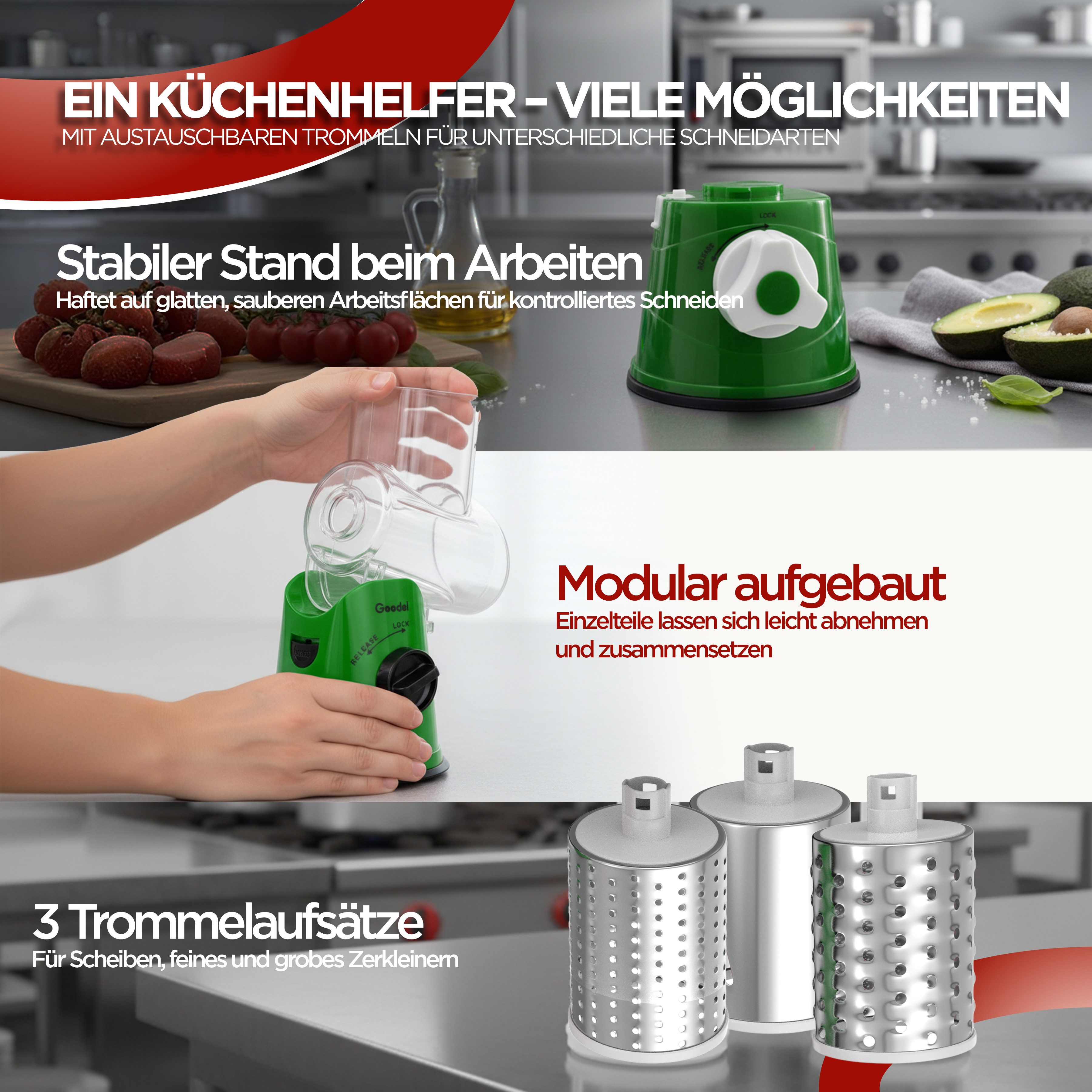 BI International Gemüseschneider Gemüseschneider mit Kurbel, Trommelreibe mit 3 Edelstahl-Klingen – Bild 3 von 5