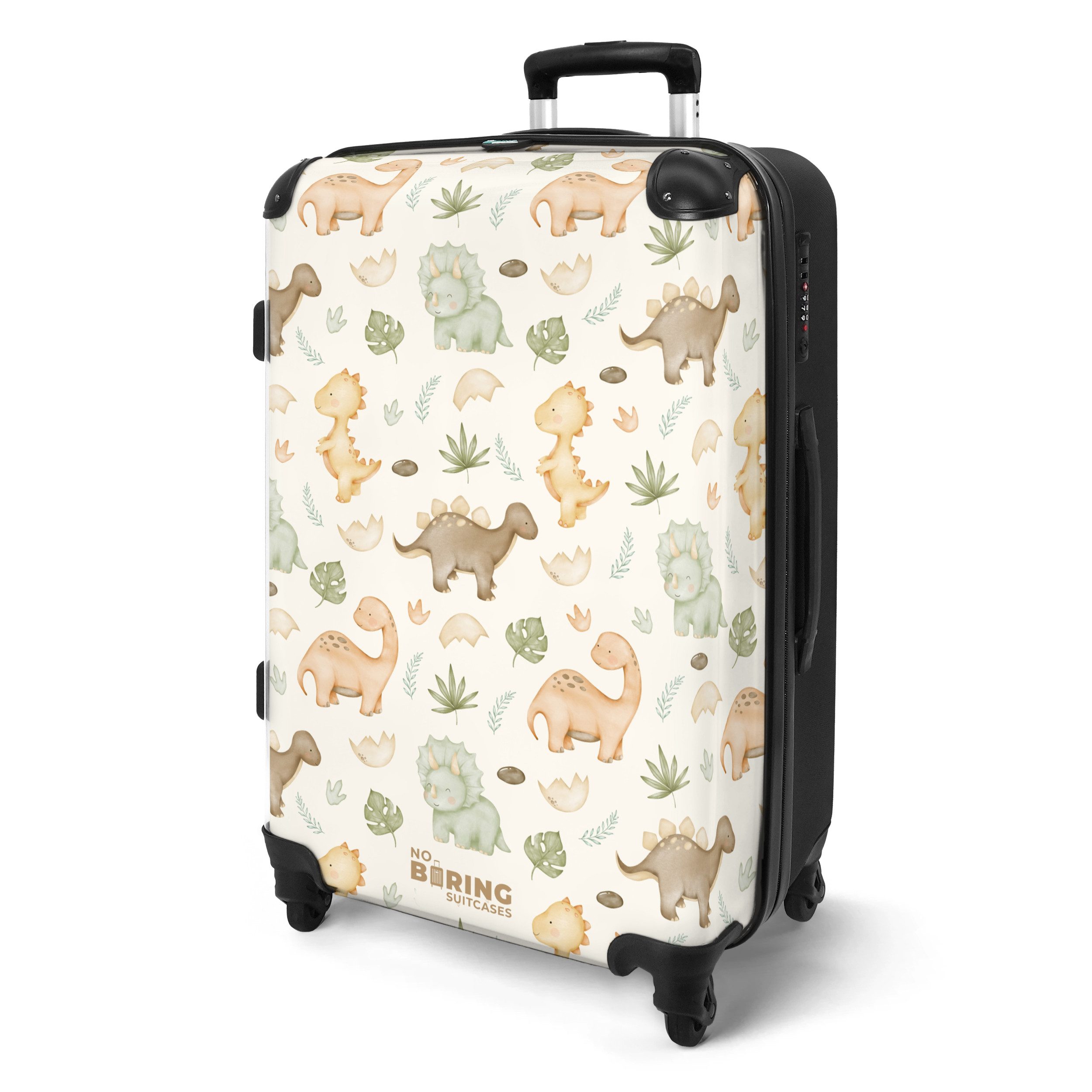 NoBoringSuitcases.com© Kinderkoffer mit leuchtende Räder - Dino-Muster in Pastellfarben 67 cm - 72 L, 4 Rollen, Reisekoffer mit Rollen Mittelgroßer für 20kg, Jungenkoffer