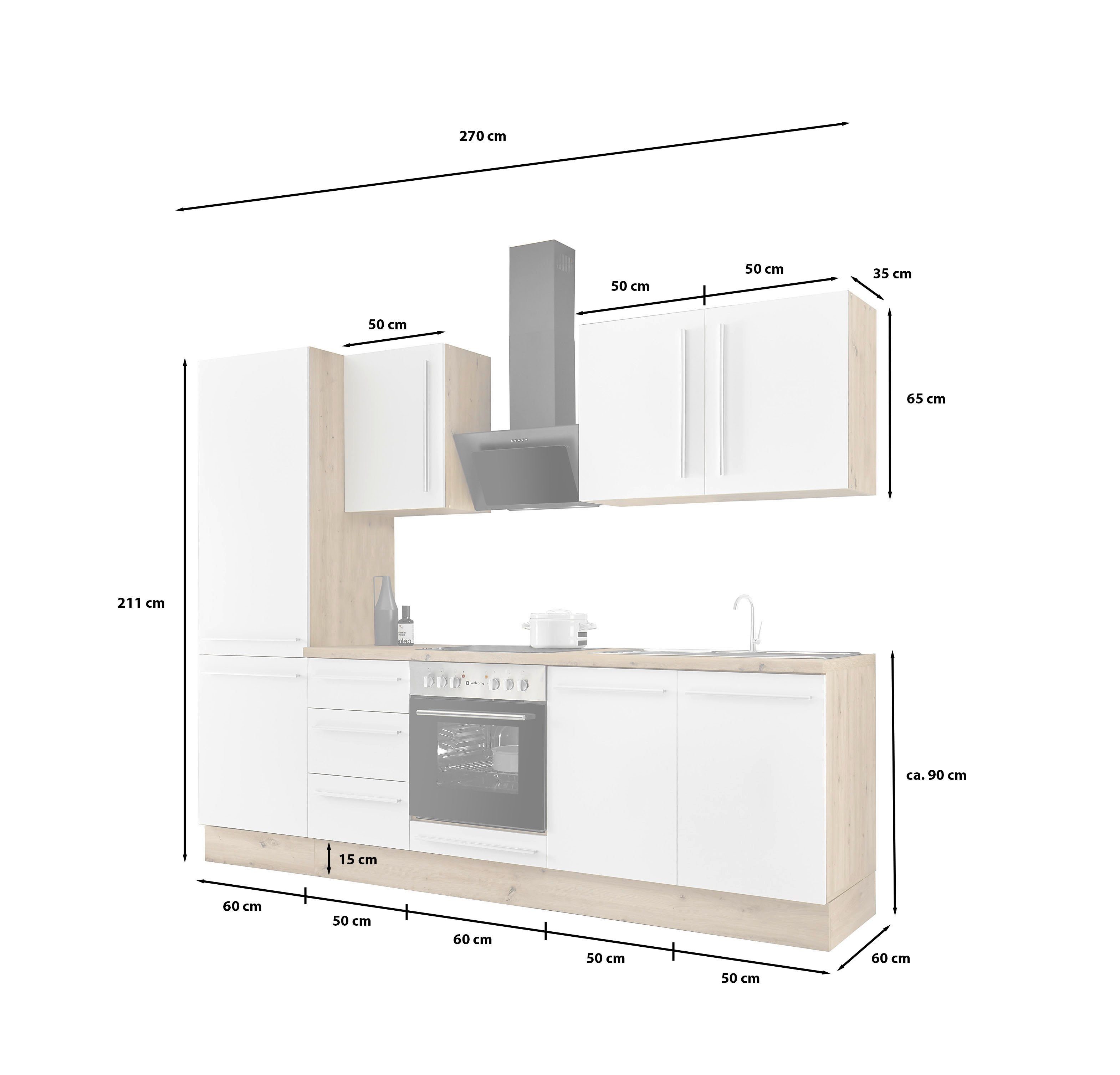 KOCHSTATION Küchenzeile KS-Florida mit 38mm starker Arbeitsplatte, Breite 270 cm, wahlweise mit E-Geräten, Soft-Close-Funktion