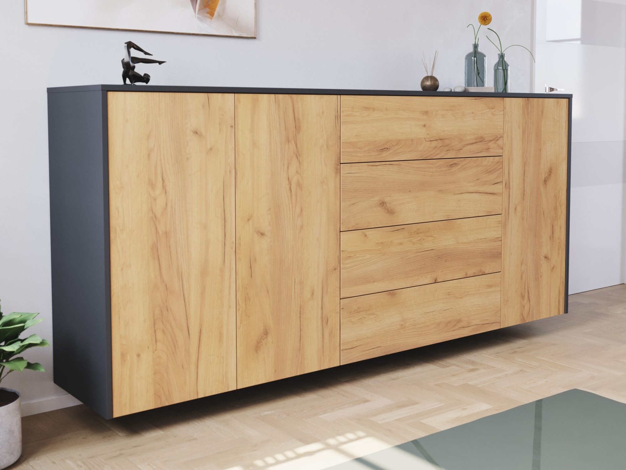 Magnolia Home Kommode Sideboard Impulse 200cm 3 Türen 4 Pushauszüg Grafit Eiche