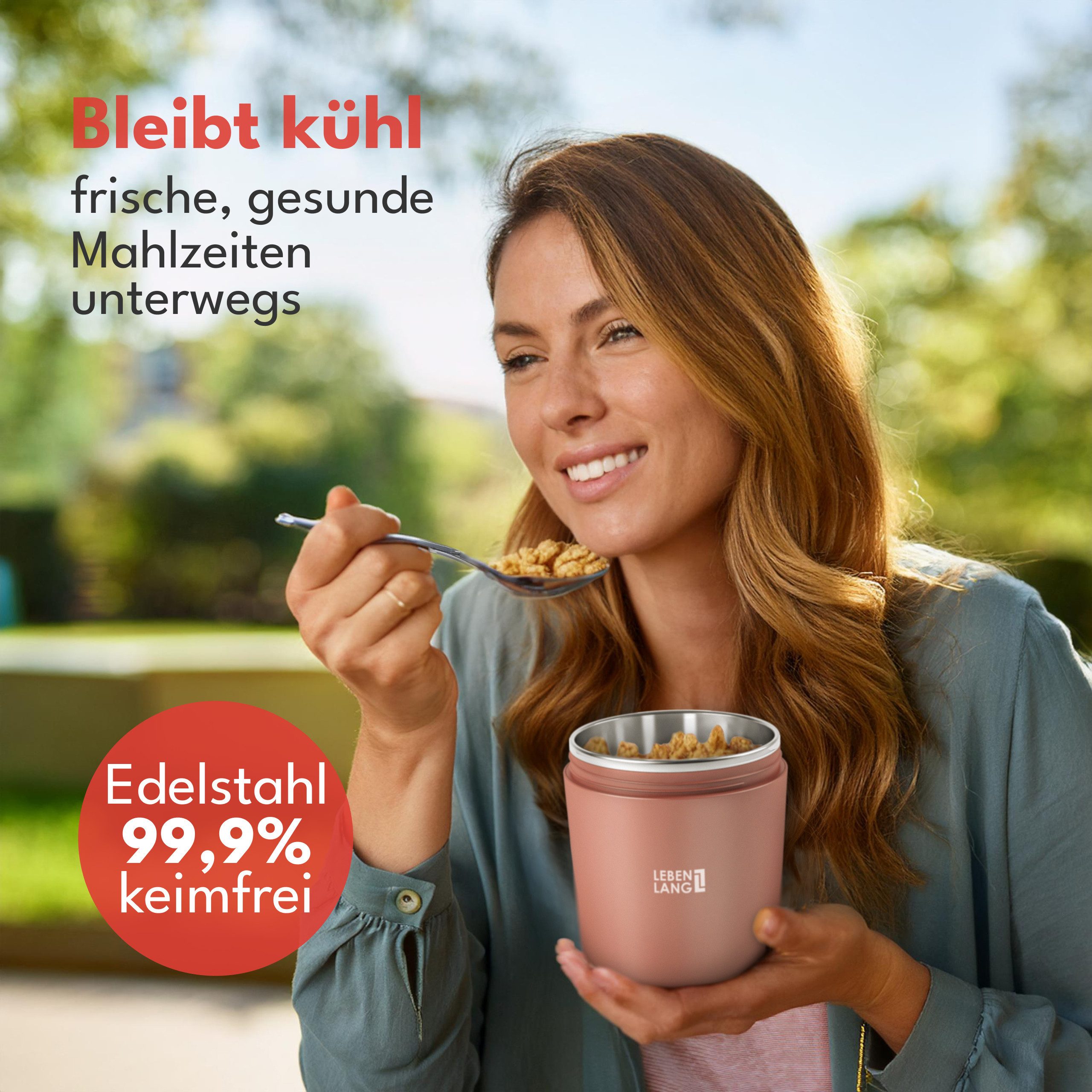 Lebenlang Aufbewahrungsbecher Müslibecher, Isolierende Edelstahlinnenwand, ToGo mit Löffel & 650ml, Edelstahl/Kunststoff, (500ml Becher, 150ml Aufsatz, Drehvershluss, faltbarer Löffel), Auslaufsicher & Perfekt für Schule, Kita, Büro oder Uni
