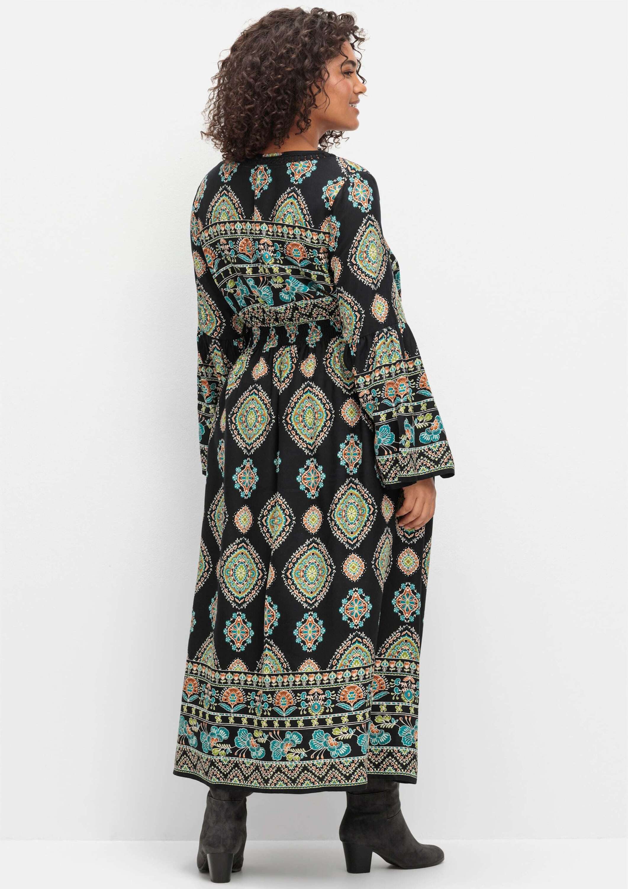 sheego by Joe Browns Etuikleid Maxikleid Langarm im Boho-Stil, mit Trompetenärmeln