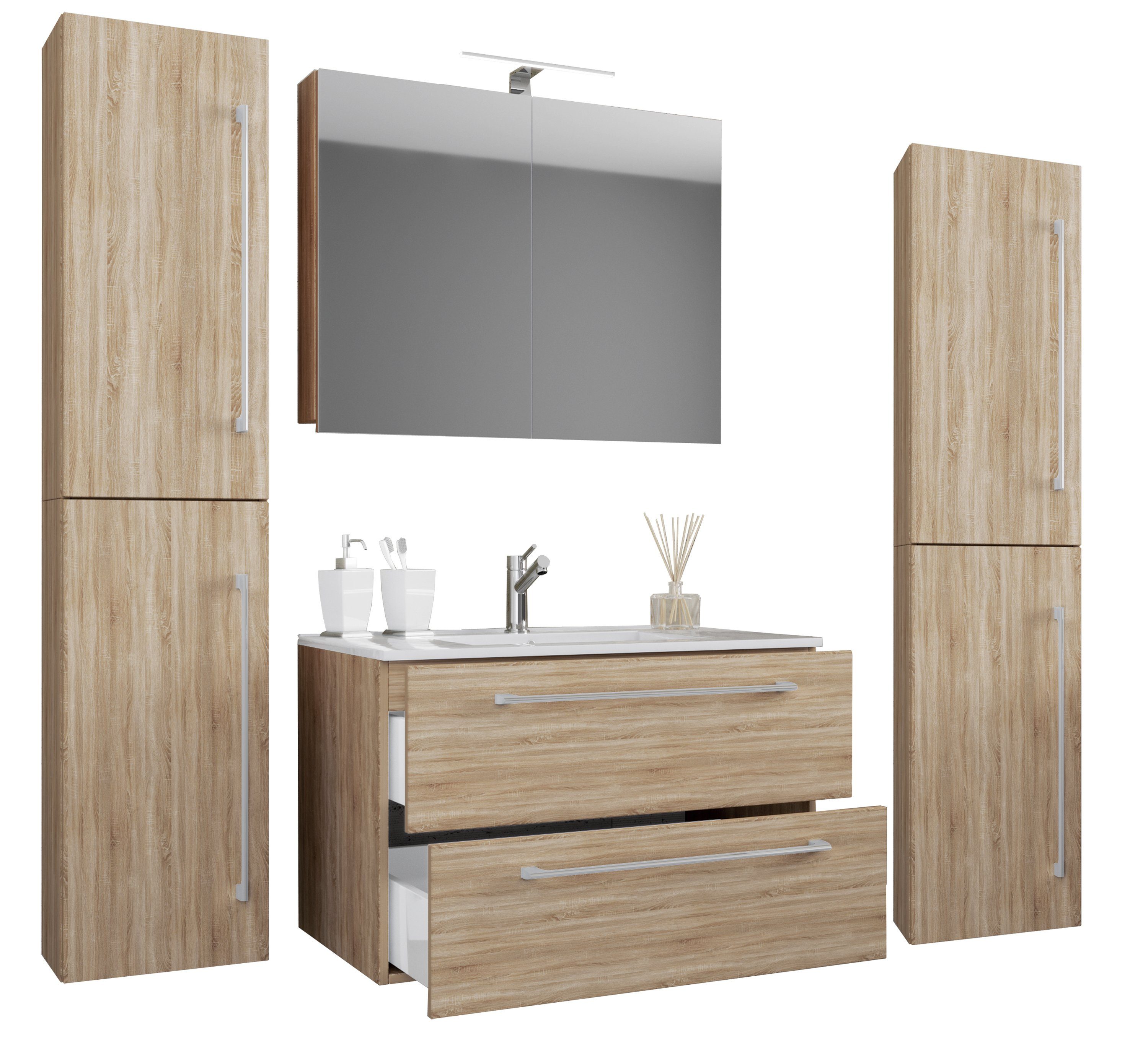 VCM Waschtisch 5-tlg. Waschplatz Waschtisch Badinos Schublade SC (Set, 5-St., 1x Unterschrank 1x Waschbecken 1x Spiegelschrank 1x Hochschrank)