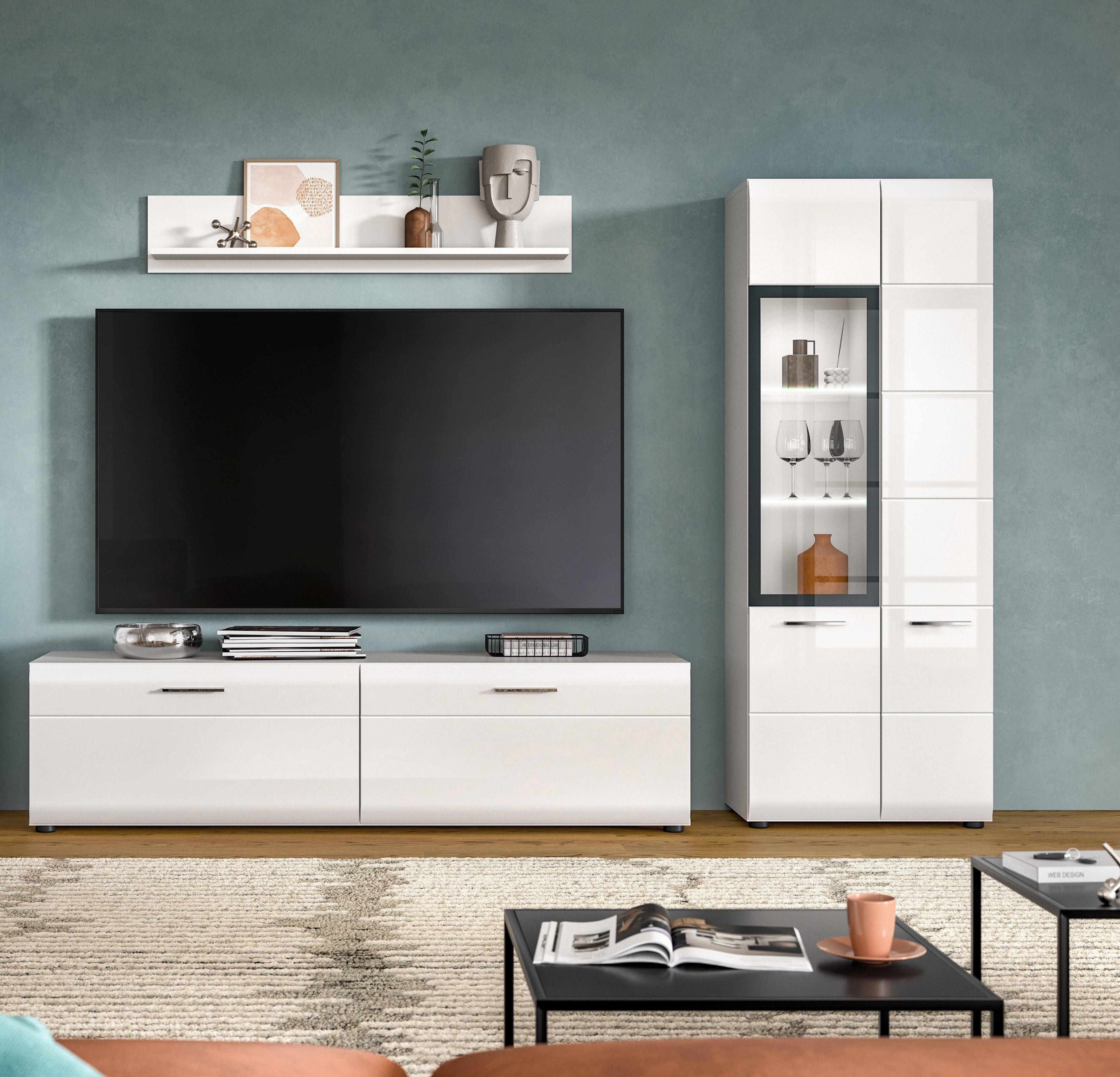 furnling Wohnzimmer-Set Ivy, (3-St., bestehend aus Lowboard, Vitrine, Wandboard), hochwertige MDF Front mit Rillenfräsung, weiß, Breite 235 cm