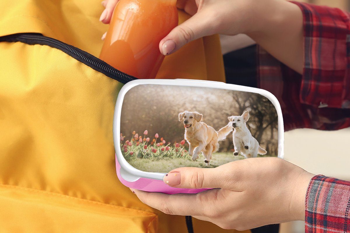 rosa Mädchen, Hunde Kunststoff - Kinder, Snackbox, Erwachsene, Lunchbox (2-tlg), MuchoWow Brotdose für Frühling, Kunststoff, Sonne - Brotbox