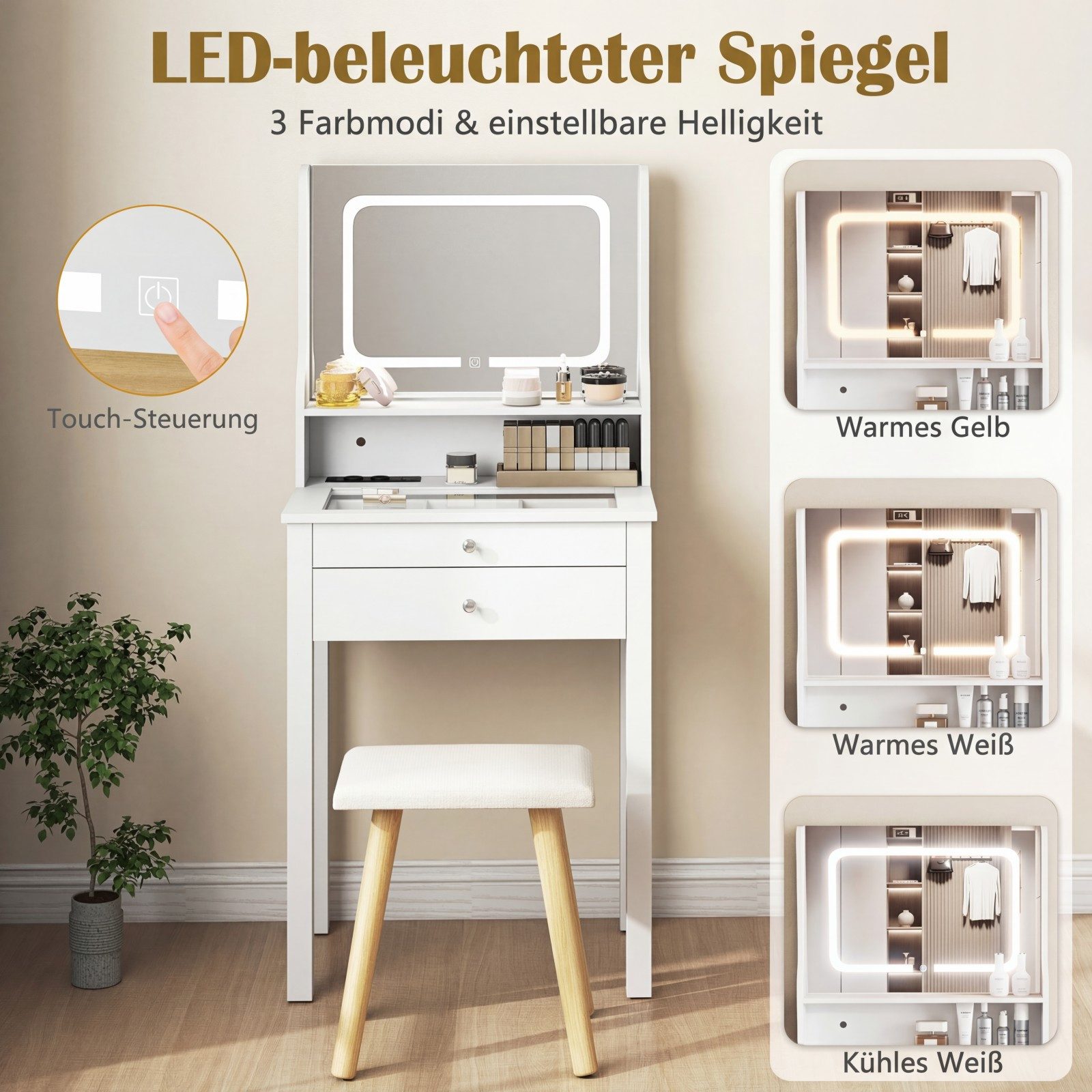 COSTWAY Schminktisch, Kosmetiktisch mit LED Beleuchtung und Hocker