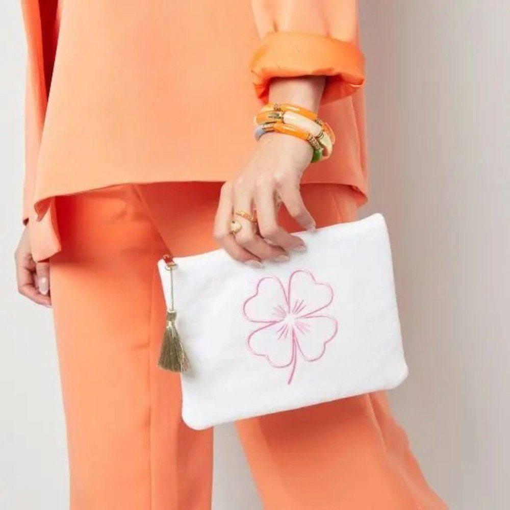 Ella Jonte Clutch, & Kosmetiktasche aus Baumwolle mit goldener Blumen-Stickerei