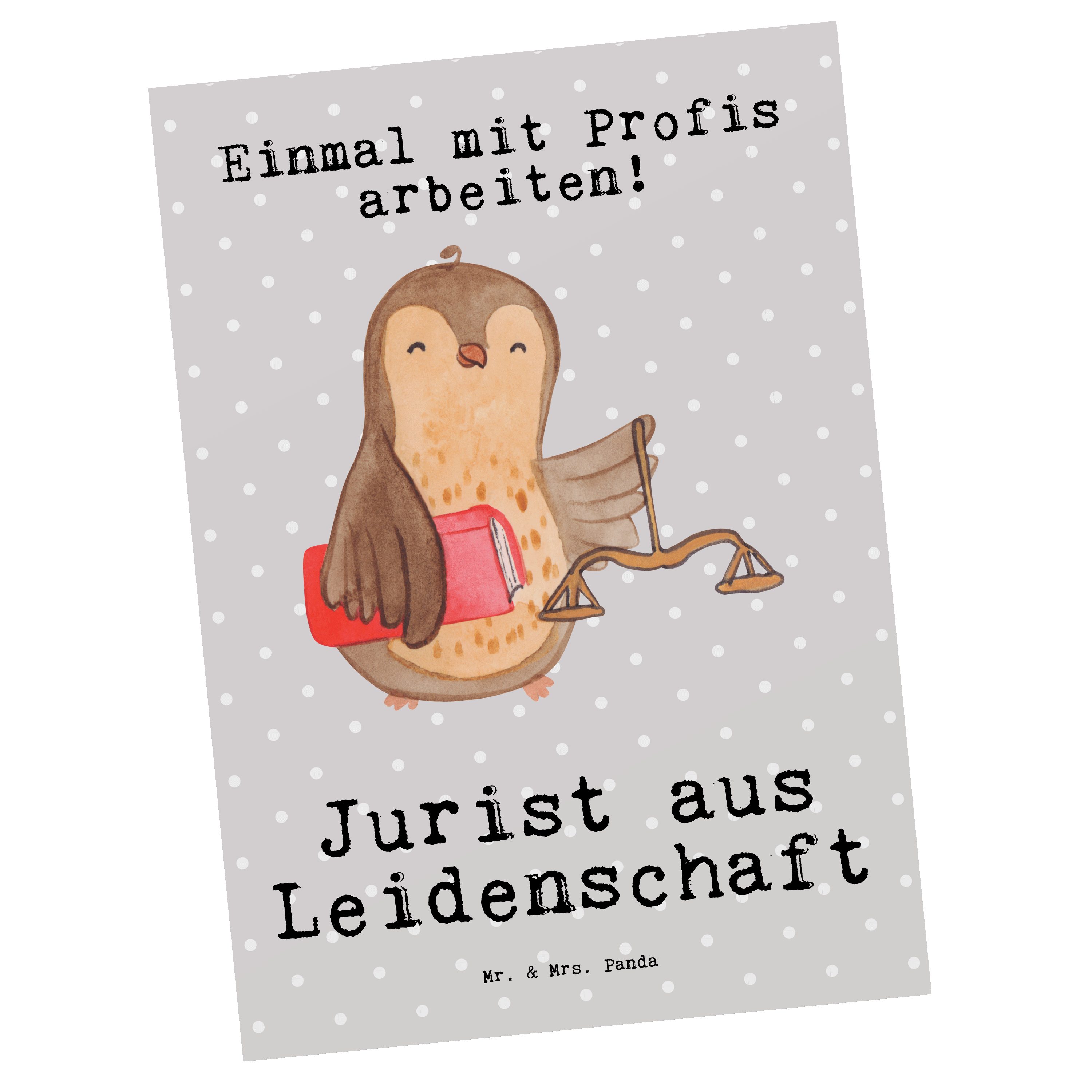 Geschenk, Eule, - Mr. Panda Pastell - Postkarte Mrs. Grau Leidenschaft Jurist & Anwaltskanzl aus