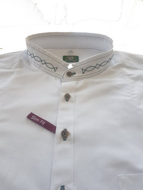 OS-Trachten Trachtenhemd Trachtenhemd weiß,grüne Stickerei, Stehkragen