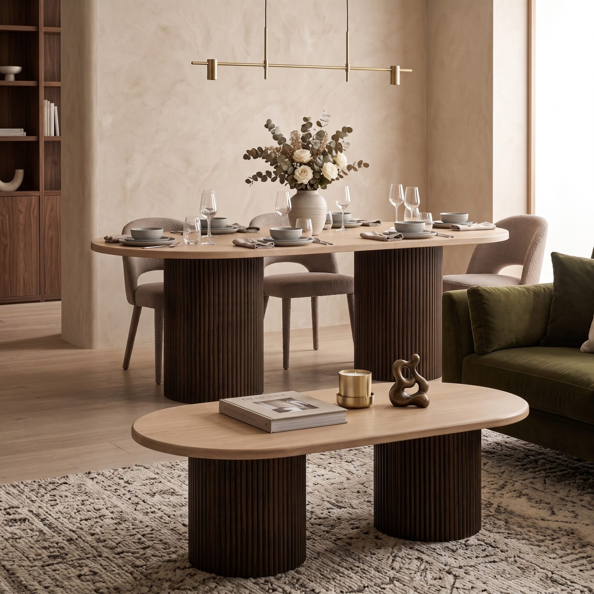 alesvelt Esstisch & Couchtisch Design Set TRIVENTO oval massive Travertin Design (2er-Set), edle Travertin-Optik 200x100x75cm 130x70x45cm im Säulenstil