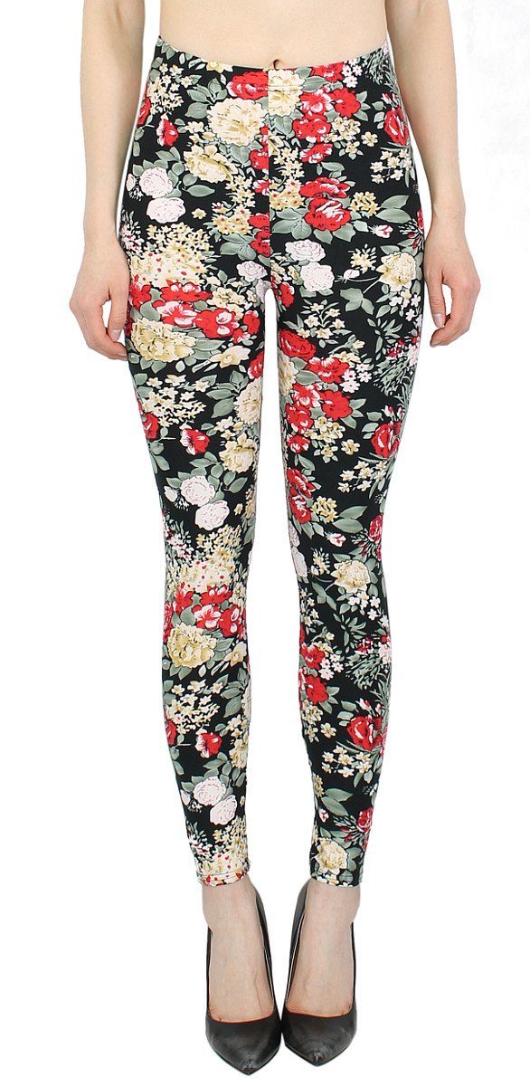 dy_mode Leggings Damen Leggings Blumen Muster Bunte Yogahose Fitness Leggins geblümt mit elastischem Bund, Bunt geblümt