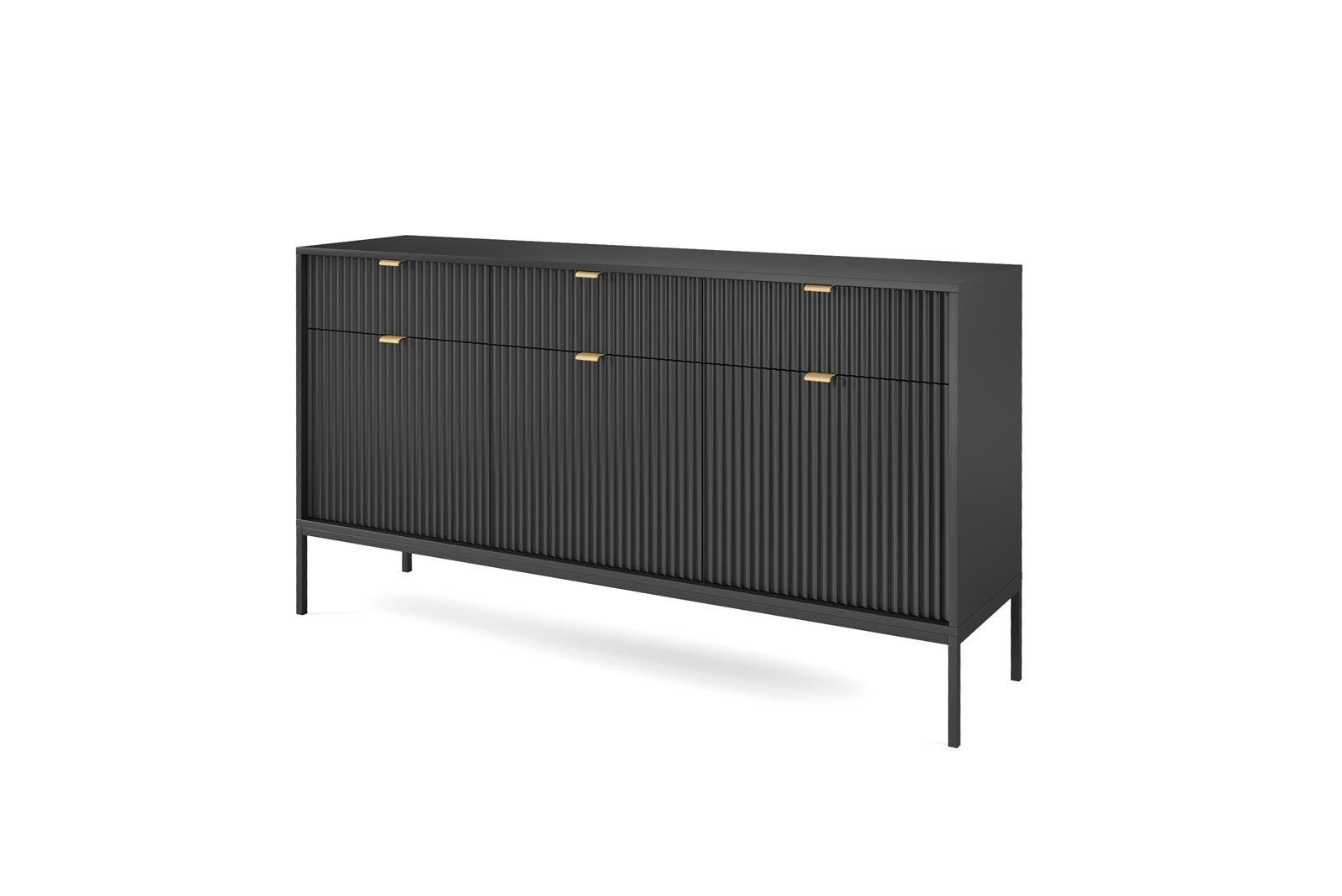 Kommode Metallgestell, drei dreitürig Novia Grau Schwarz), III modernes Weiß (mit schwarzes Schubkastenkommode Beautysofa mit / / Design, Schubladen,