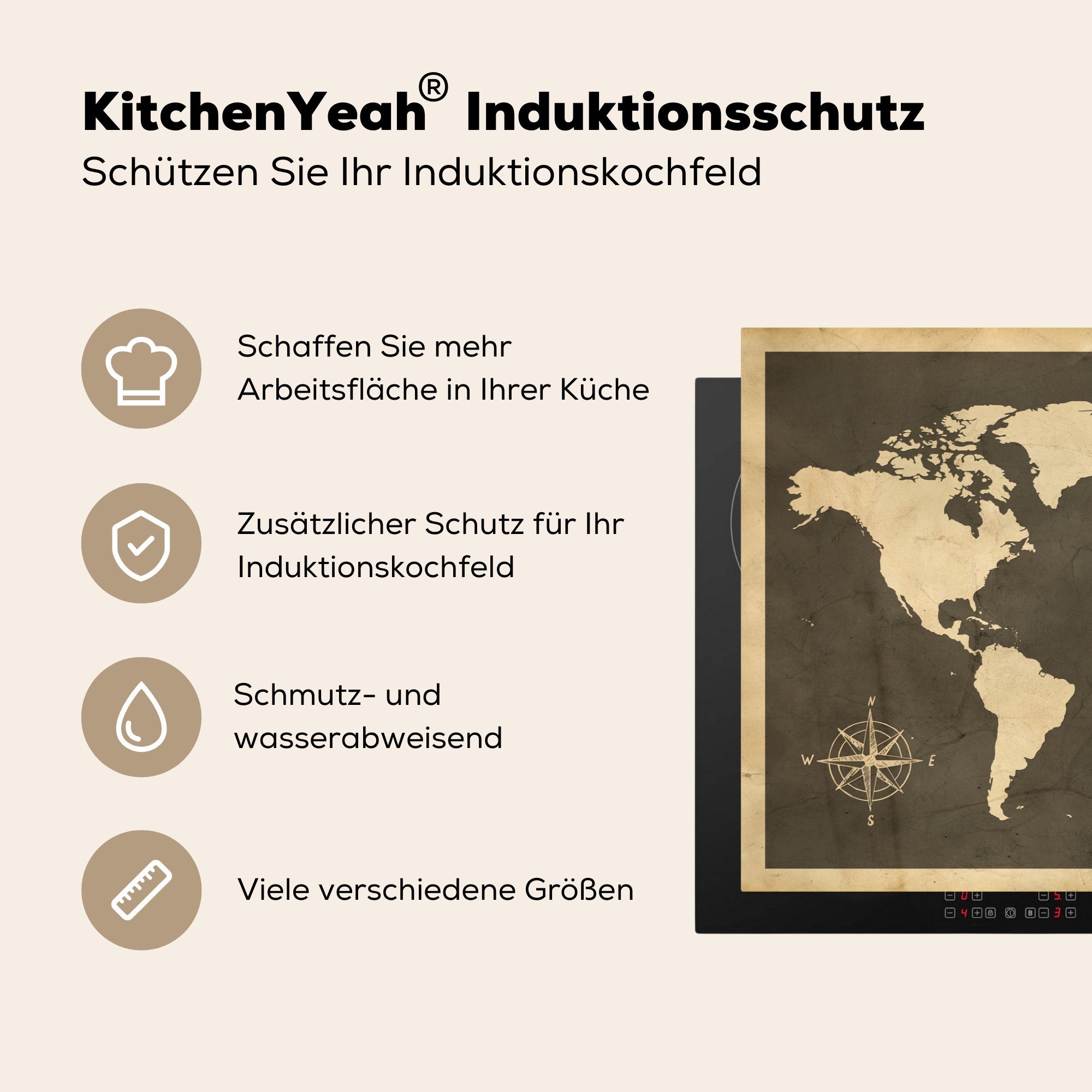 Ceranfeldabdeckung für - Holz küche, Vinyl, die Vintage, cm, Herdblende-/Abdeckplatte - Induktionskochfeld Schutz 81x52 MuchoWow Weltkarte (1 tlg),