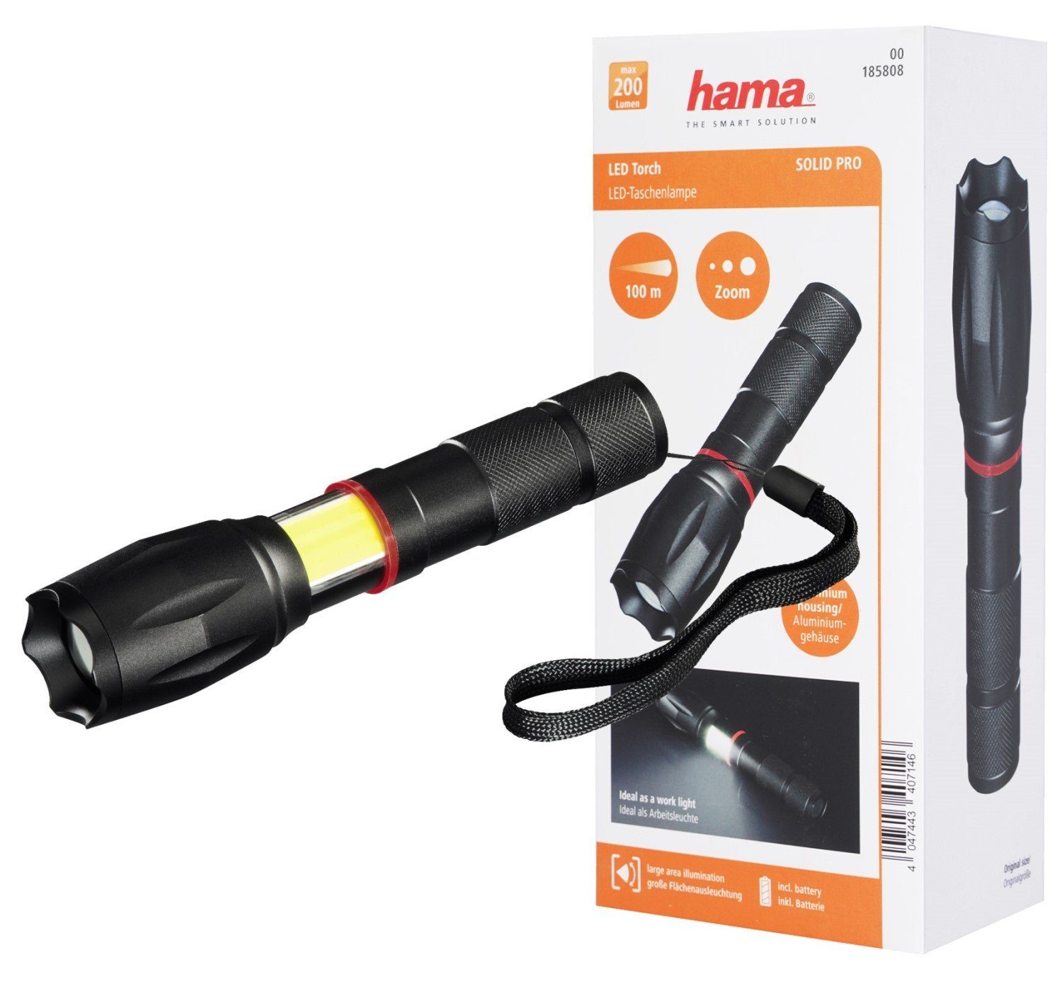 Hama LED Taschenlampe LED Taschenlampe ALU Solid Pro Hell 200 Lumen, ausziebar, stoßfest, Handschlaufe, Aluminium-Gehäuse, Zoom