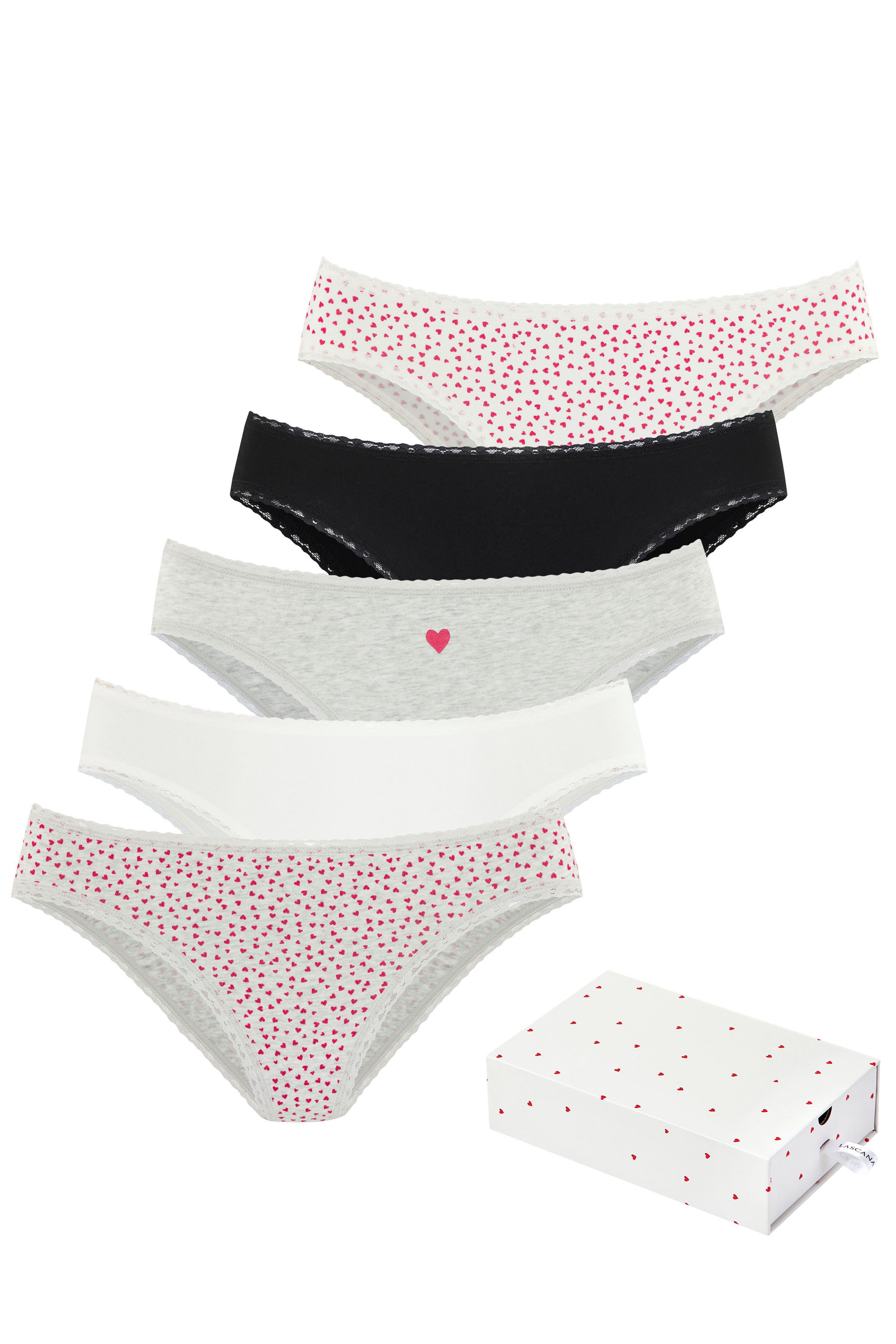LASCANA Jazz-Pants Slips Geschenk Box (5er-Pack) mit süßen Herzchen-Prints und aus elastischer Baumwoll-Qualität
