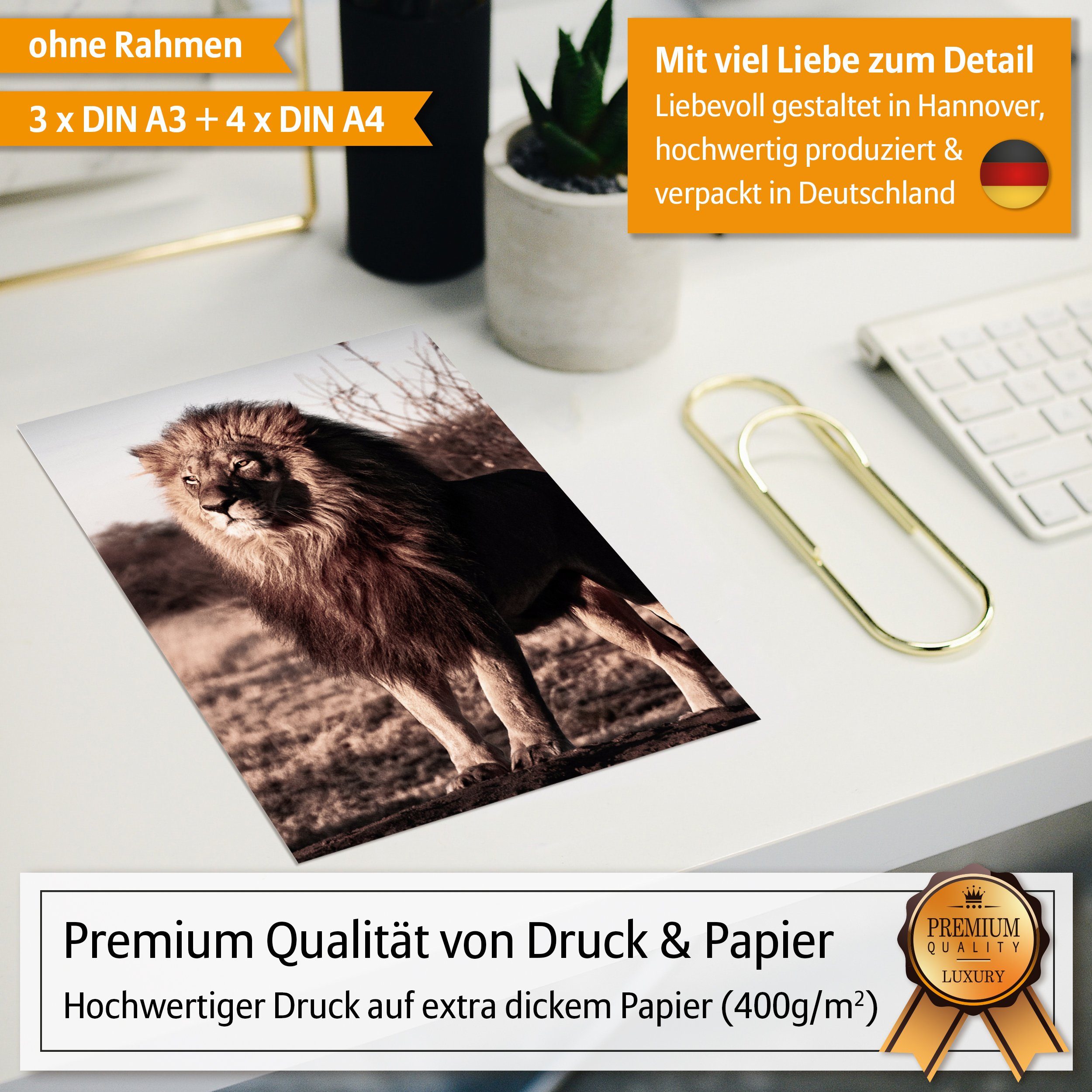 Hyggelig Home Poster Tiere Afrikas, Premium Poster Set OHNE & MIT Rahmen, Wandbilder Safari, Afrika (Set, 7 St), Collage Qualitätsdruck auf dickem Papier knickfrei