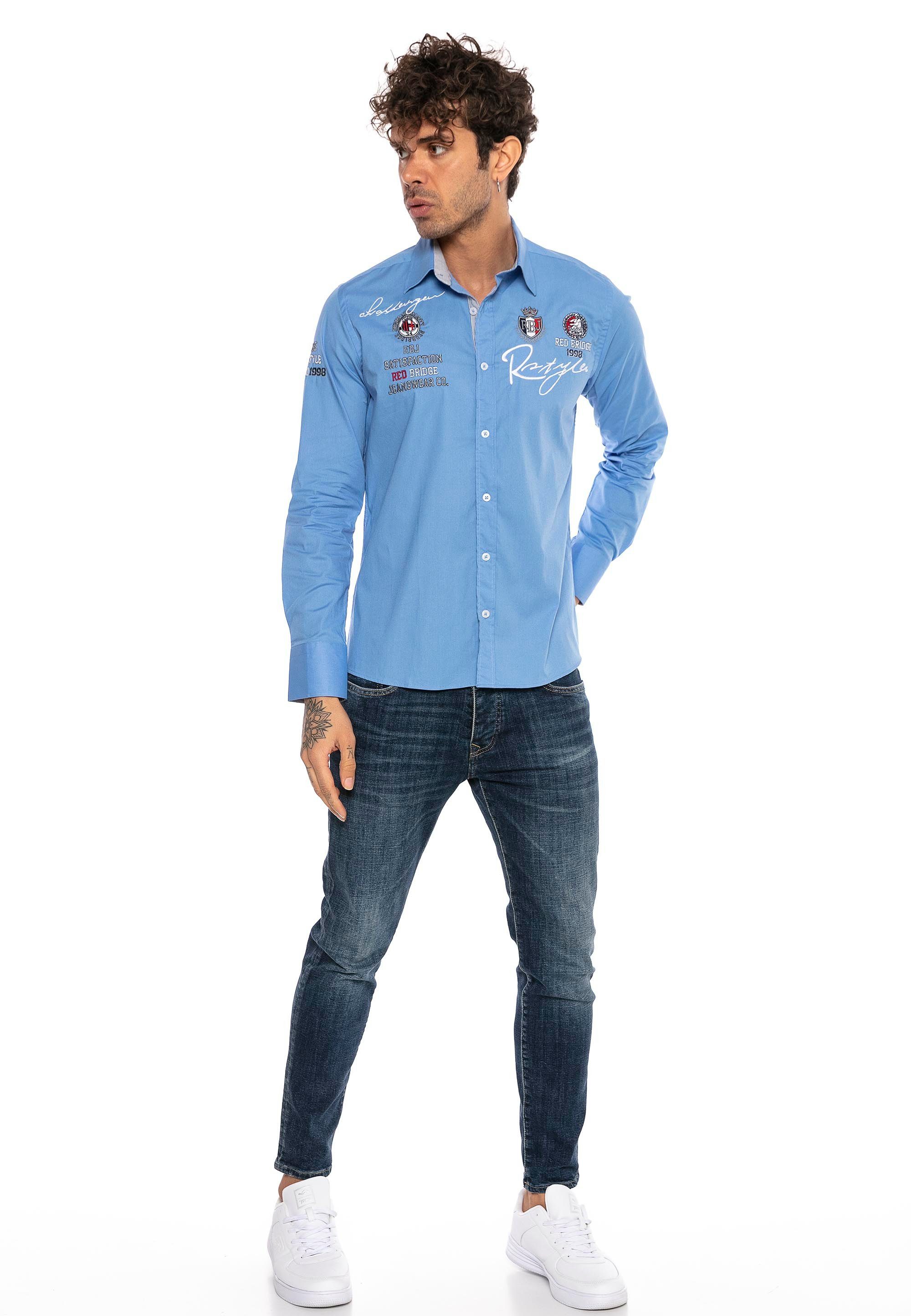 City Fit-Schnitt Jersey RedBridge im mit Stickerei Langarmhemd Slim blau-blau