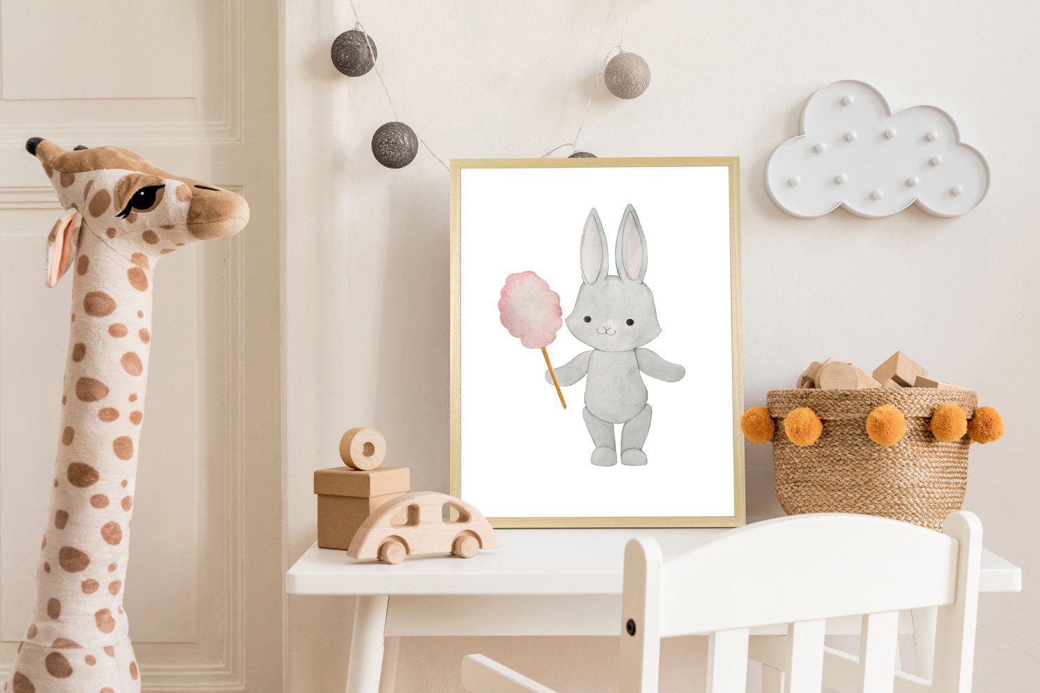 Bild mit Rahmen Hase mit Zuckerwatte