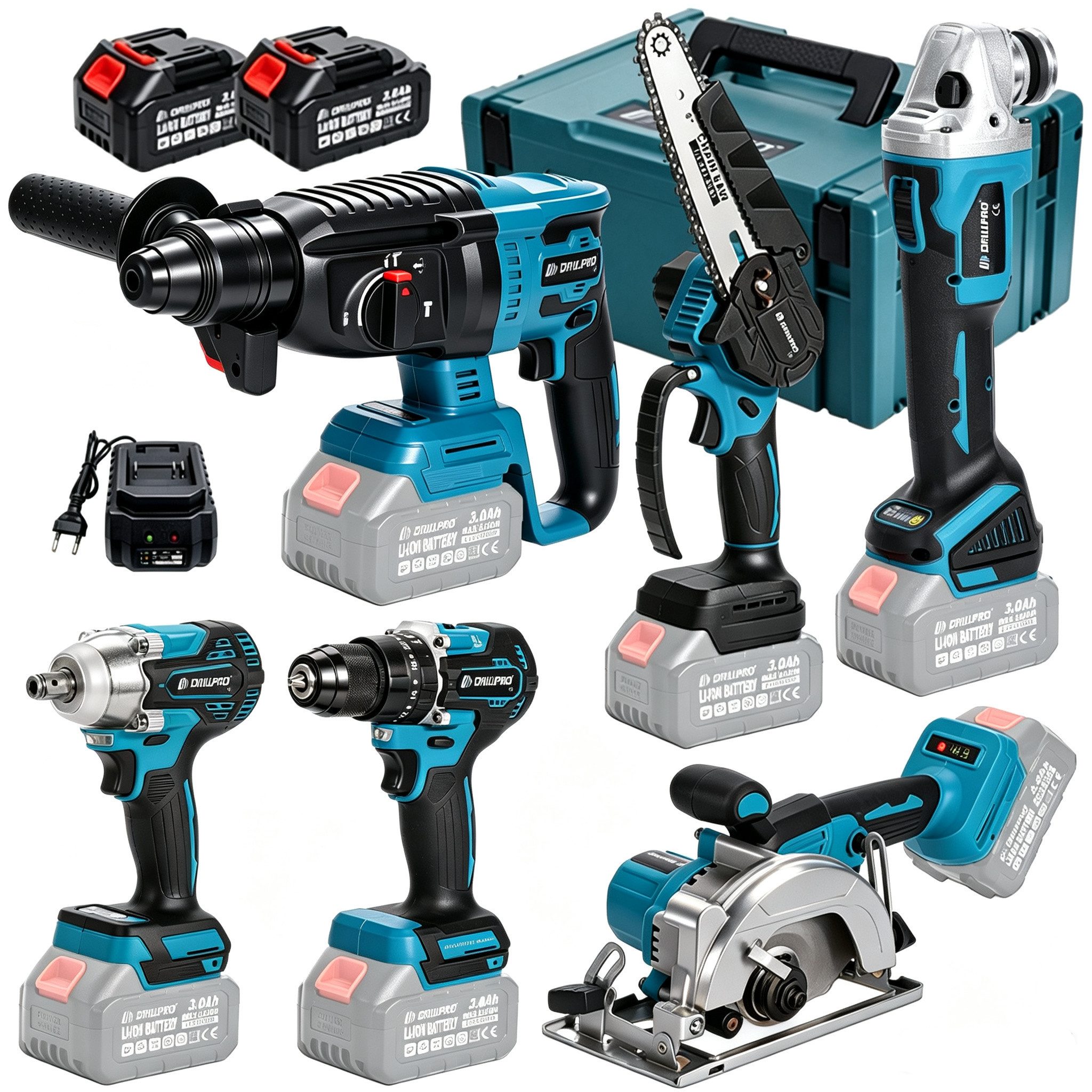 Insma Akku-Schlagbohrmaschine 6 IN 1 Multi Elektrowerkzeugsatz Bürstenlos 18V, (125mm Winkelschleifer, Schlagbohrmaschine, Schlagschrauber, Winkelschleifer, Handkreissäge, Bohrhammer), inkl. 2 Akkus, 1 Ladegerät und Koffer