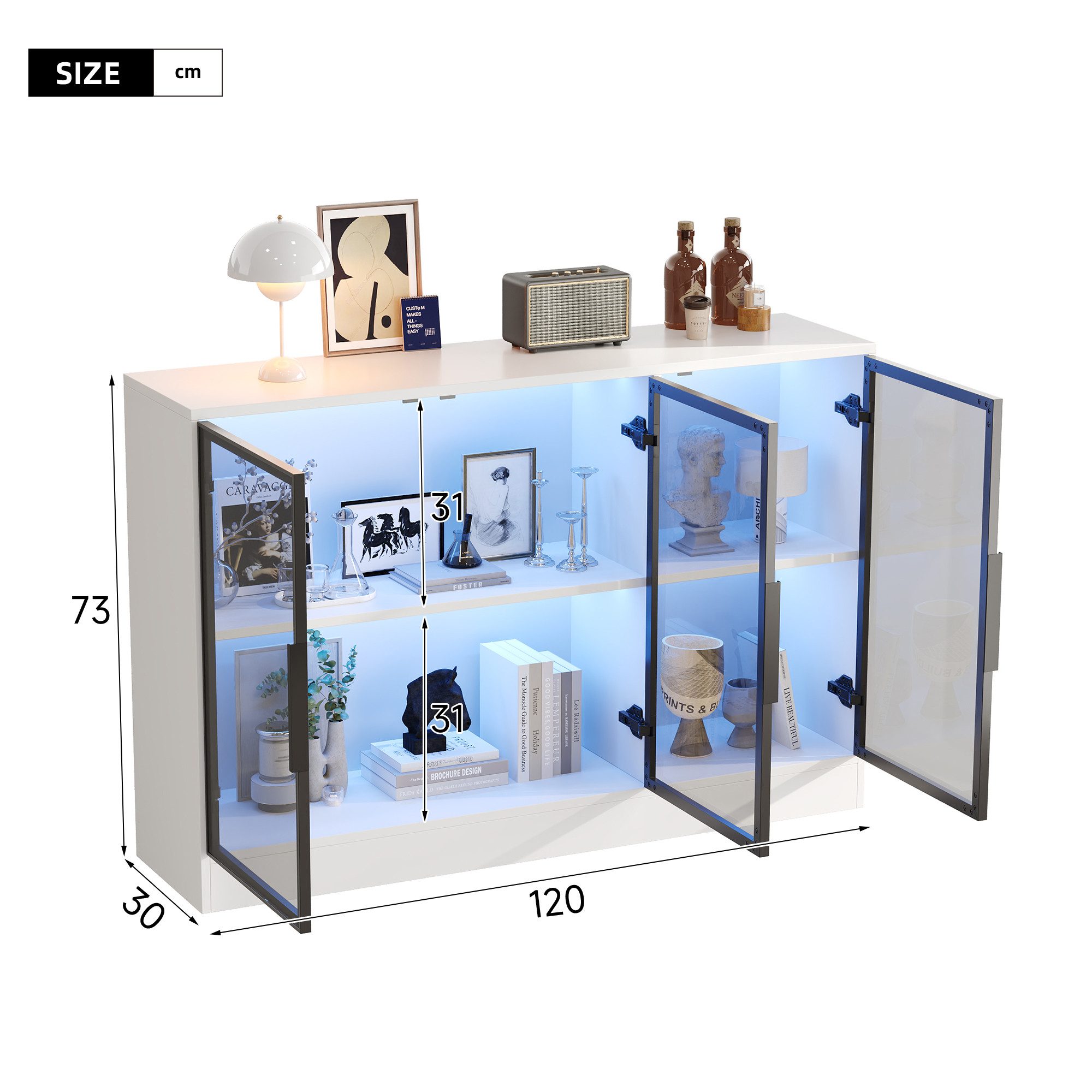 Celya Glasvitrine 120 x 30 x 73 cm mit grauen Glasfronten und integriertem LED-Lichtband (Highboard, Präsentationsschrank oder Buffetschrank, sideboard) – Bild 2 von 5