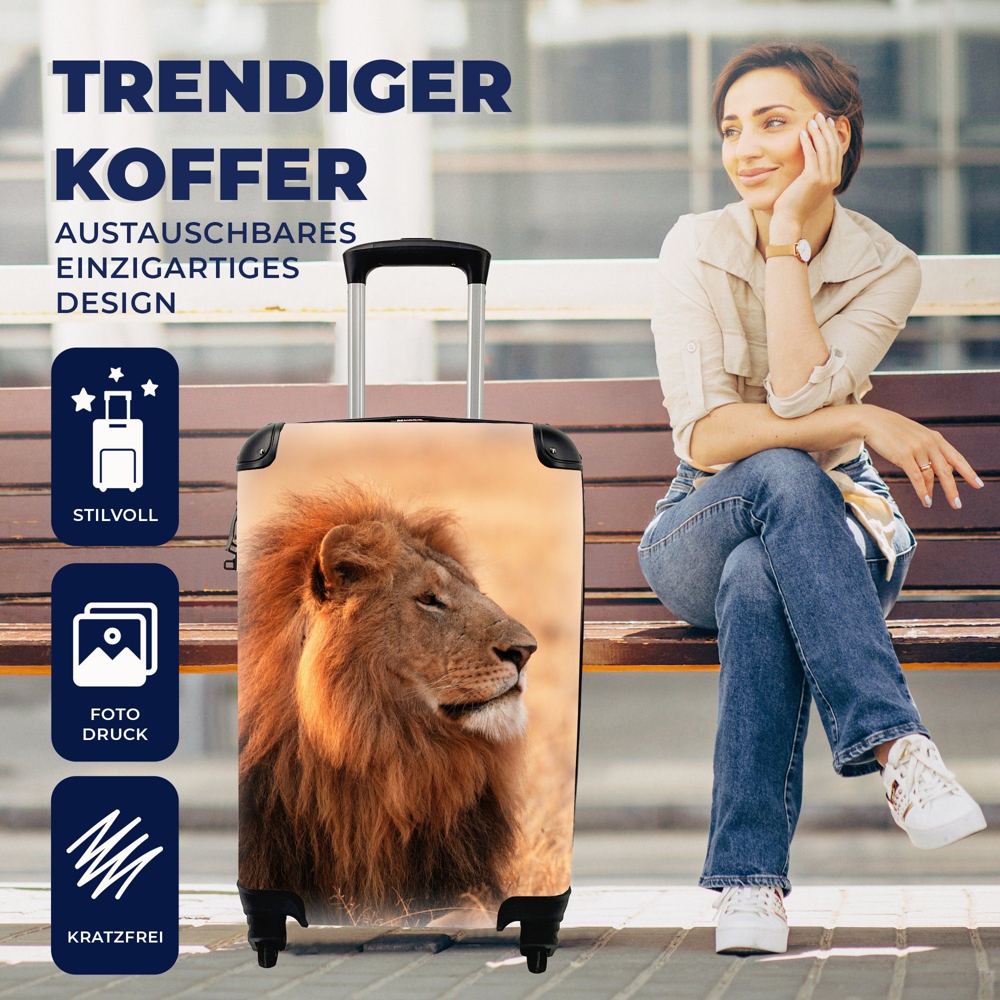 MuchoWow Handgepäckkoffer Sonne - Löwe - Jagd, 4 Rollen, Reisetasche mit rollen, Handgepäck für Ferien, Trolley, Reisekoffer