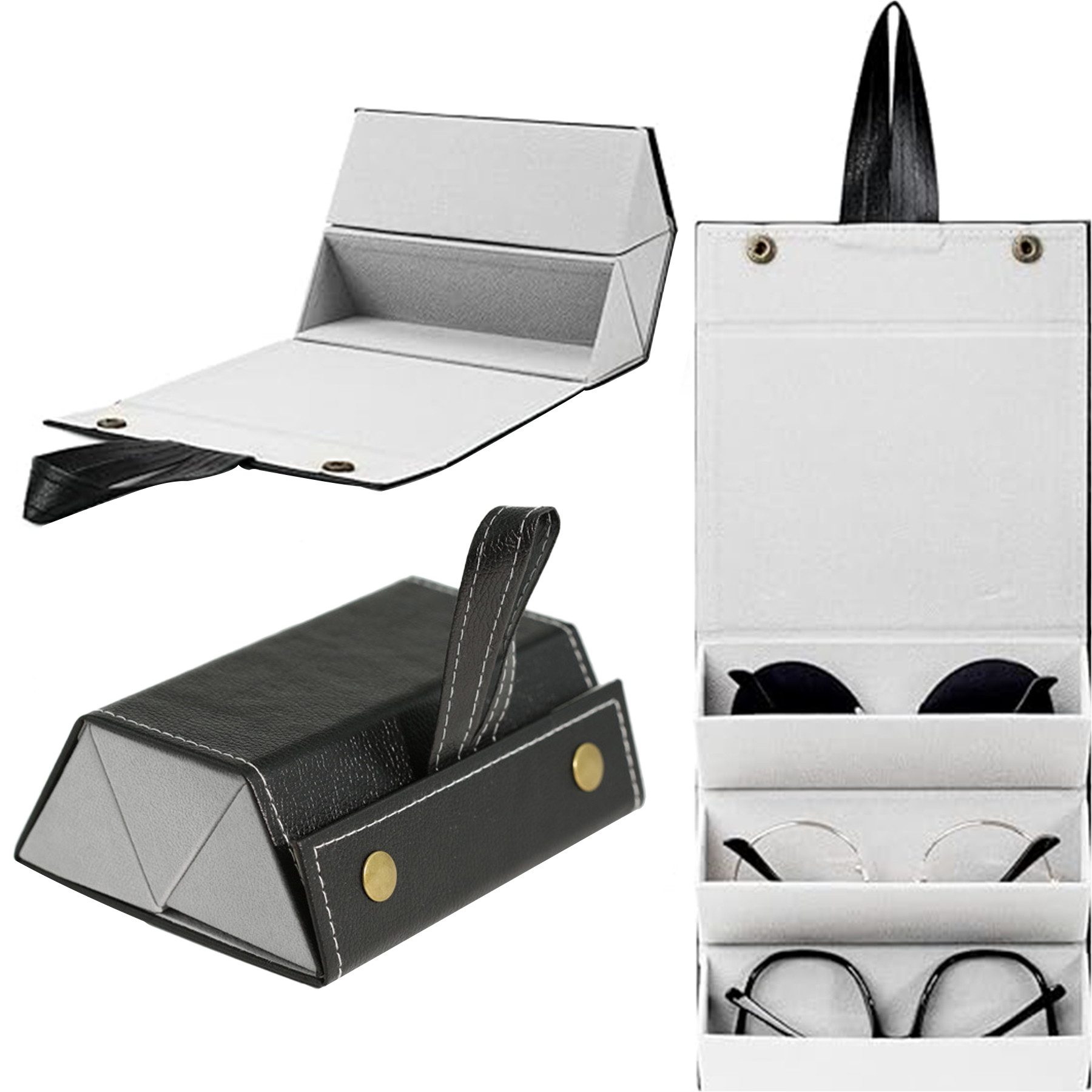 Mutig Brillenetui Brillenbox Faltbare Brillenablage 3-Fach Brillenaufbewahrungsbox, Aufbewahrung PU-Leder Brillen-Aufbewahrungsbox für Damen Herren