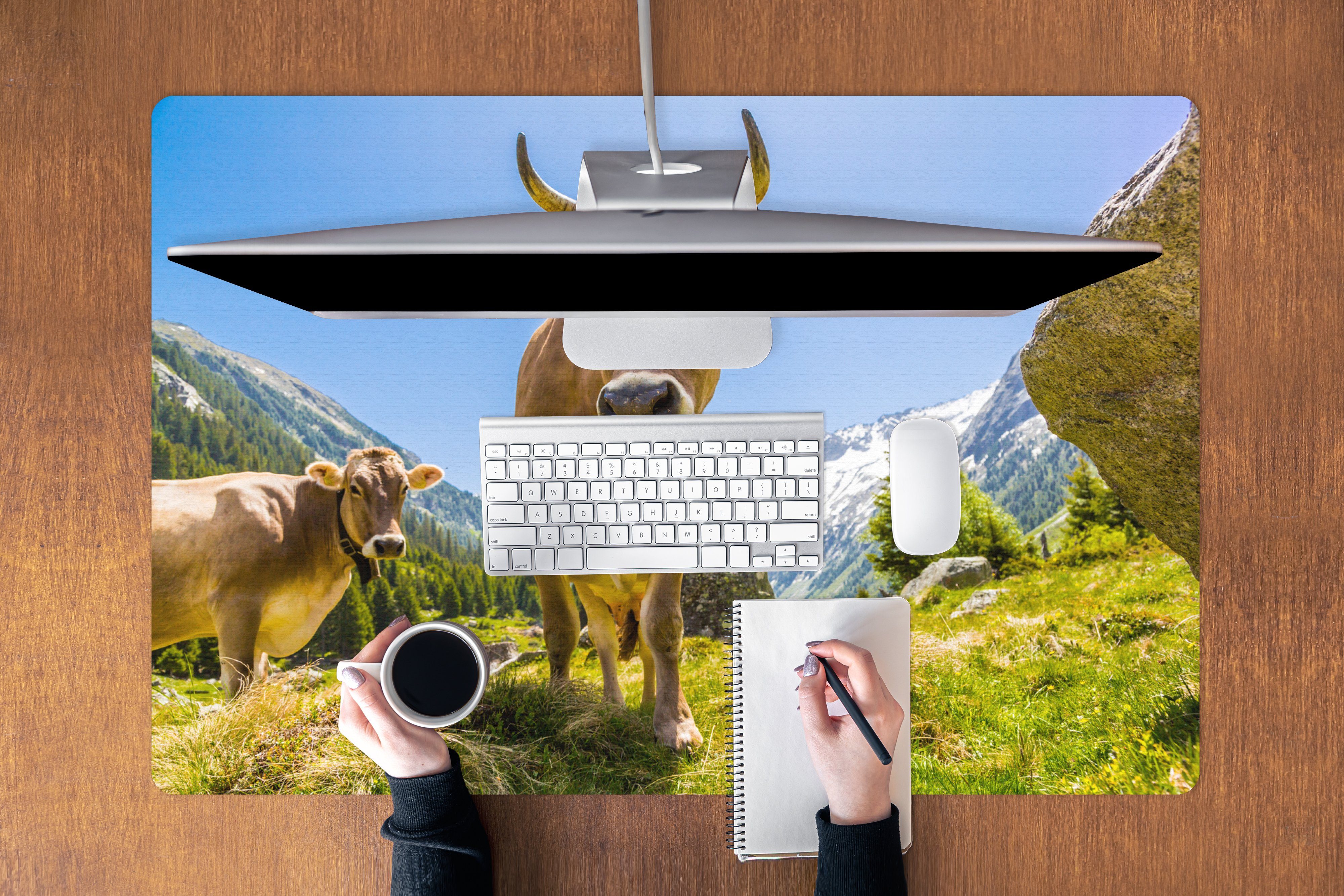 MuchoWow Mauspad Kühe - Sonne - Österreich (1-St), Mousepad XXL für Tastatur und Maus, Gaming Setup, Desk Mat, 120x80 cm